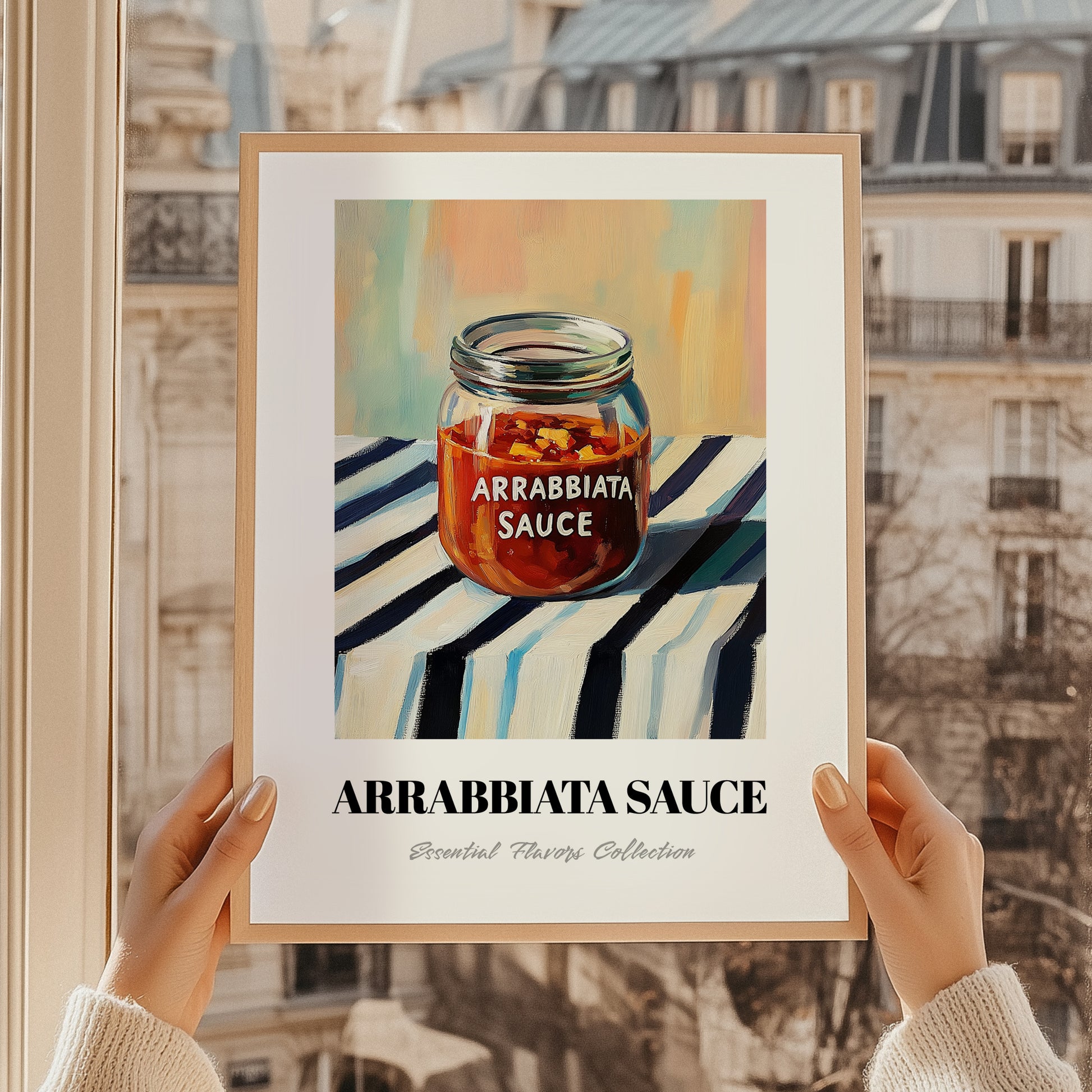 Arrabbiata Sauce – on Striped Tablecloth, Dry Goods Poster, styled in a charming Paris street view