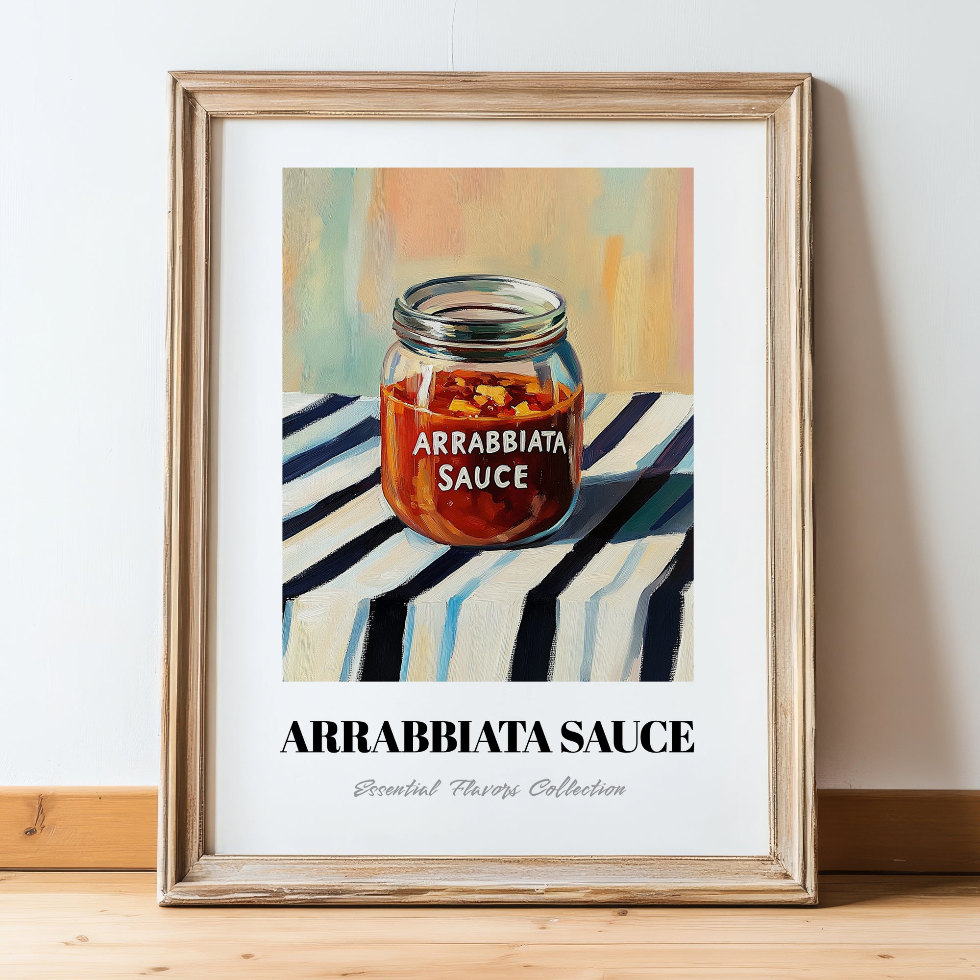 Arrabbiata Sauce – on Striped Tablecloth, Dry Goods Poster, in wooden frame leaning on the floor
