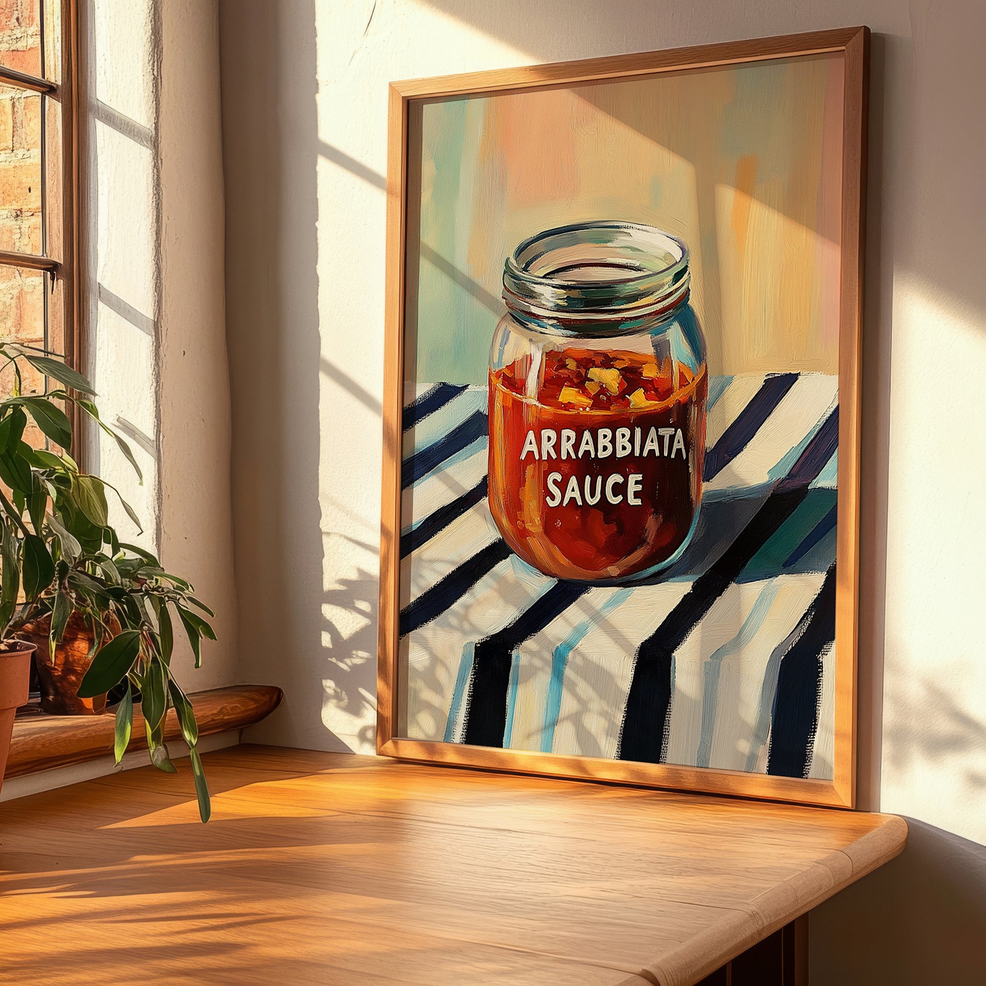 Arrabbiata Sauce – on Striped Tablecloth, Dry Goods Poster, clean layout with no caption