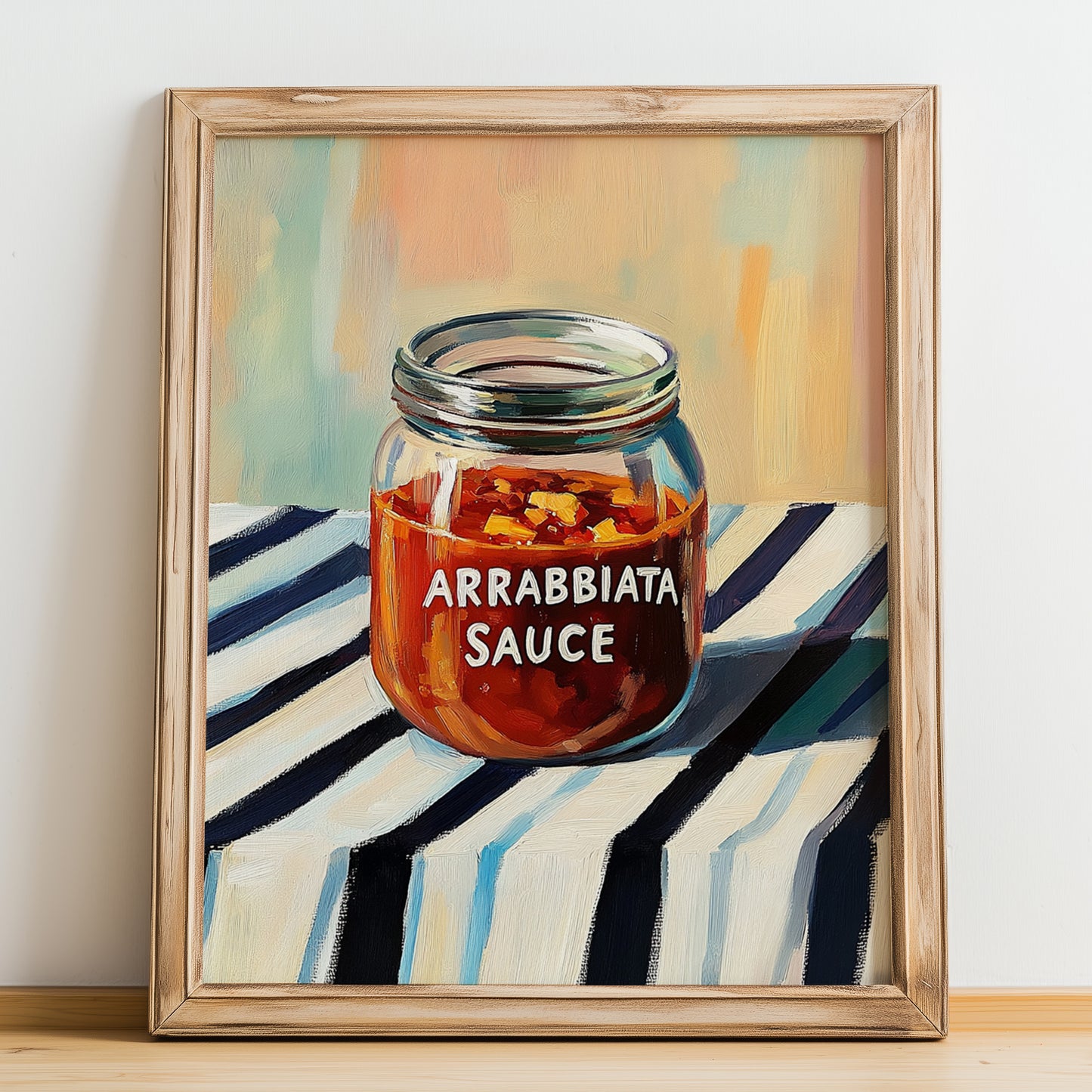 Arrabbiata Sauce – on Striped Tablecloth, Dry Goods Poster, no-text version framed in wood