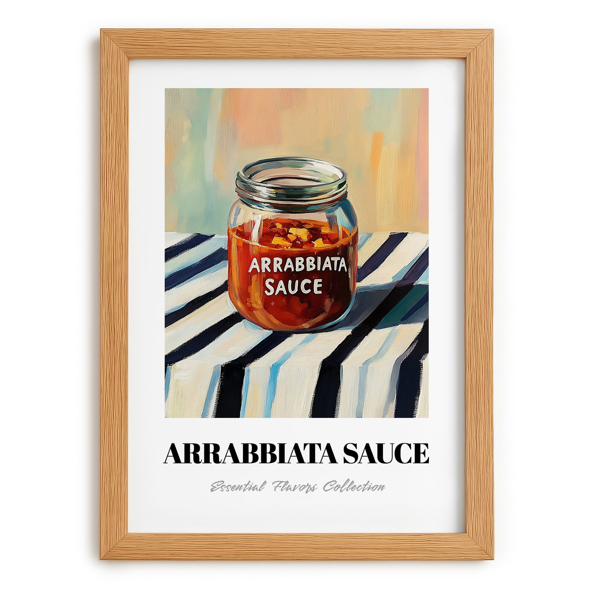 Arrabbiata Sauce – on Striped Tablecloth, Dry Goods Poster, set in oak frame