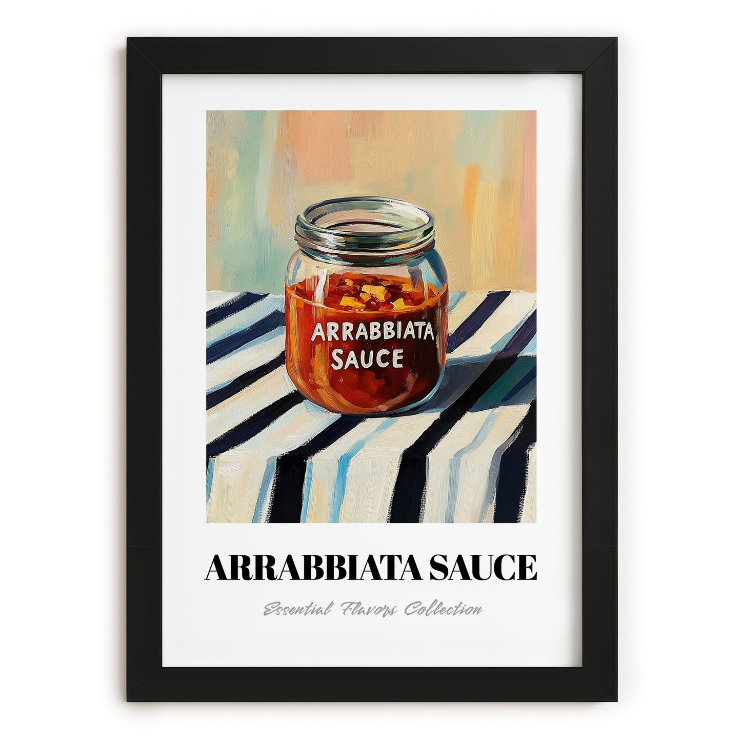 Arrabbiata Sauce – on Striped Tablecloth, Dry Goods Poster, in sleek black frame