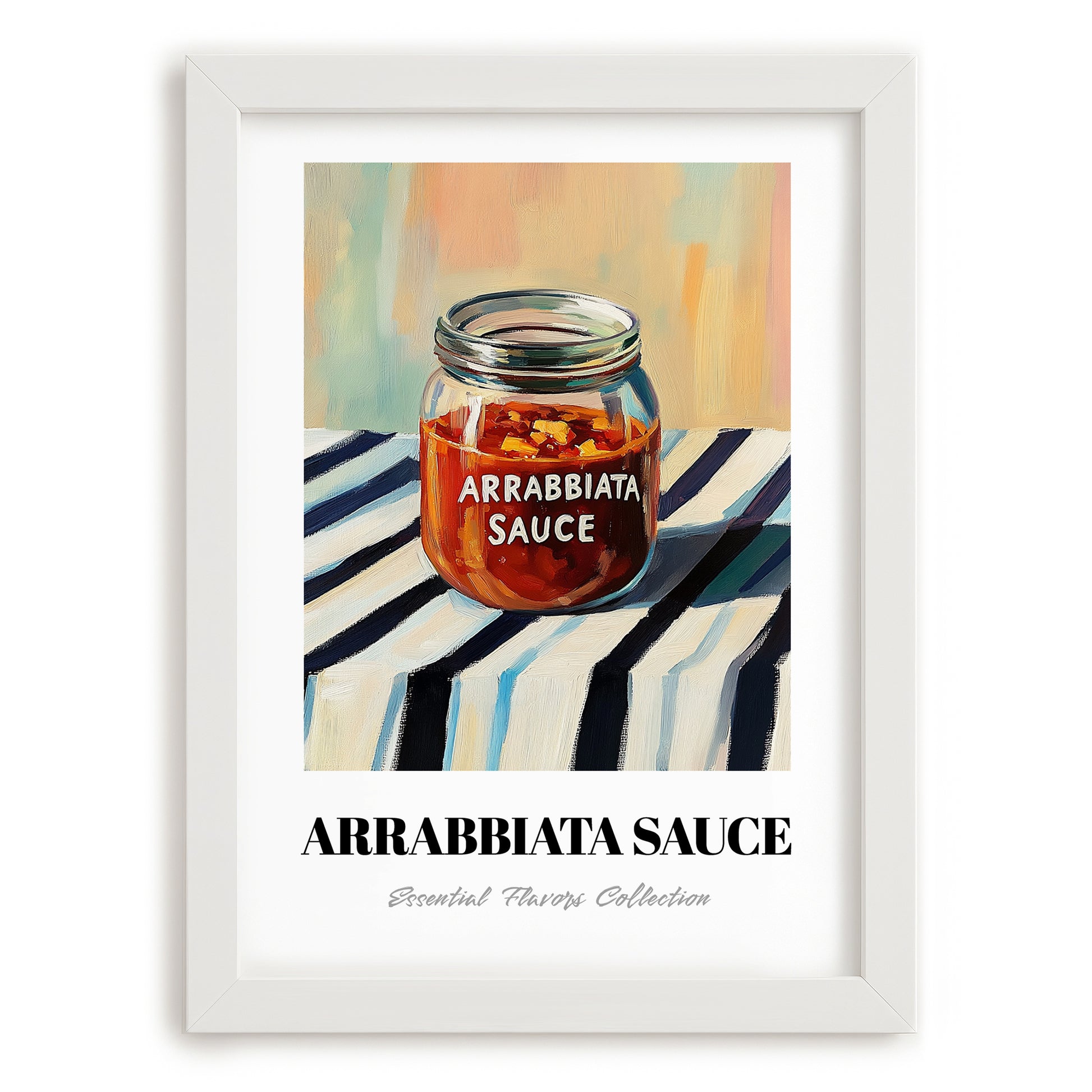 Arrabbiata Sauce – on Striped Tablecloth, Dry Goods Poster, placed in minimal white frame