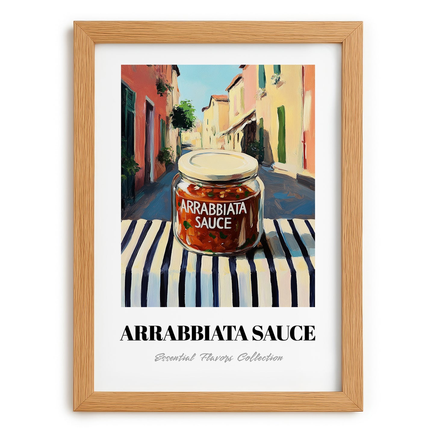 Arrabbiata Sauce – Italian Street Café Scene, Larder Illustration, set in oak frame