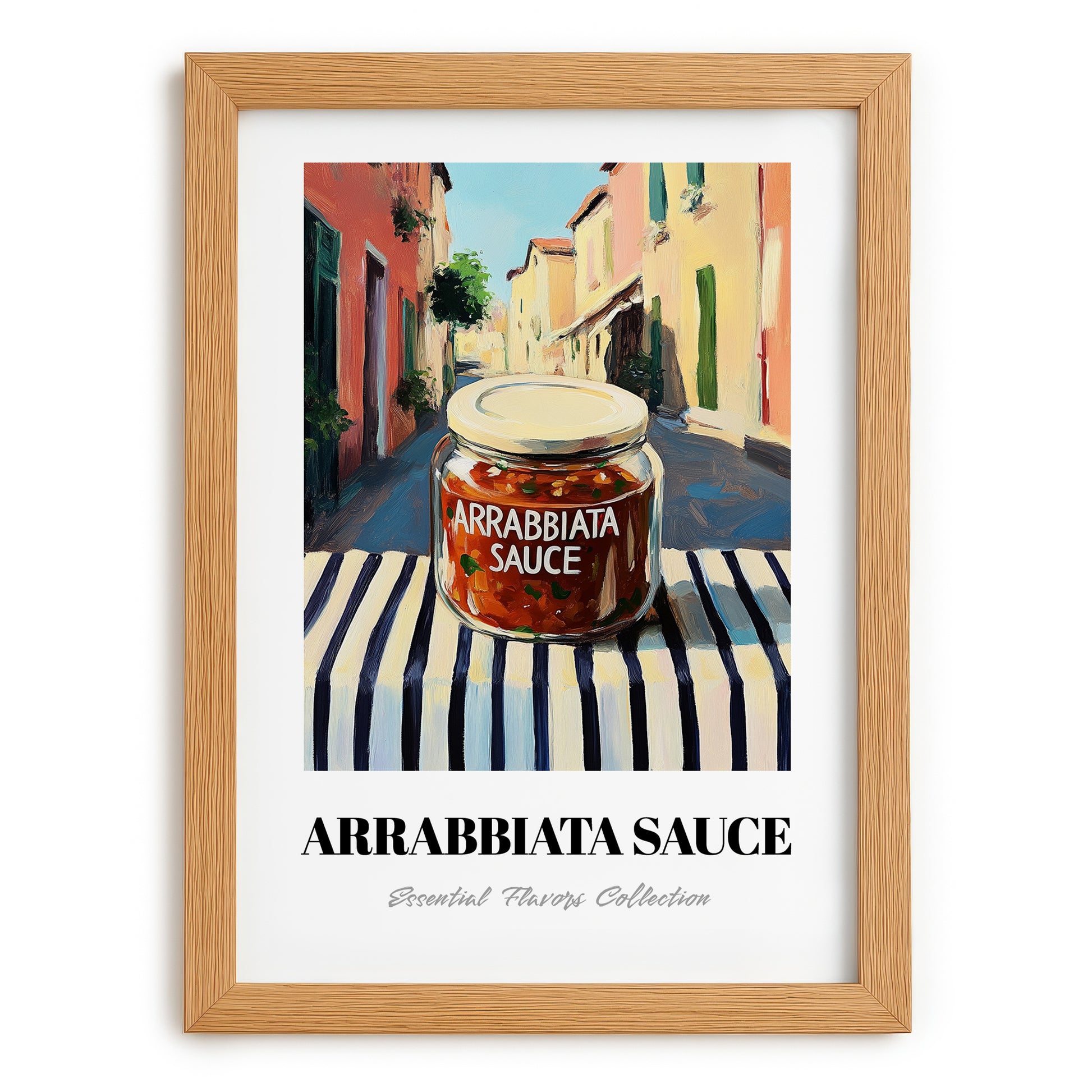 Arrabbiata Sauce – Italian Street Café Scene, Larder Illustration, set in oak frame