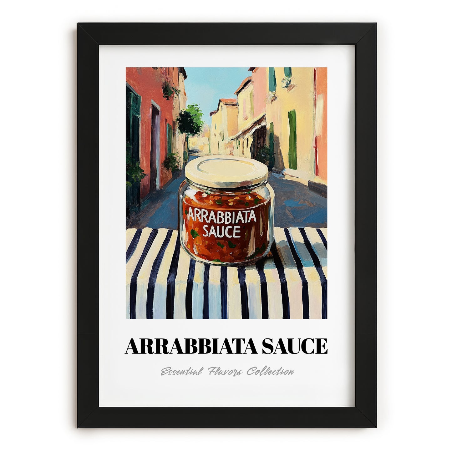 Arrabbiata Sauce – Italian Street Café Scene, Larder Illustration, in sleek black frame