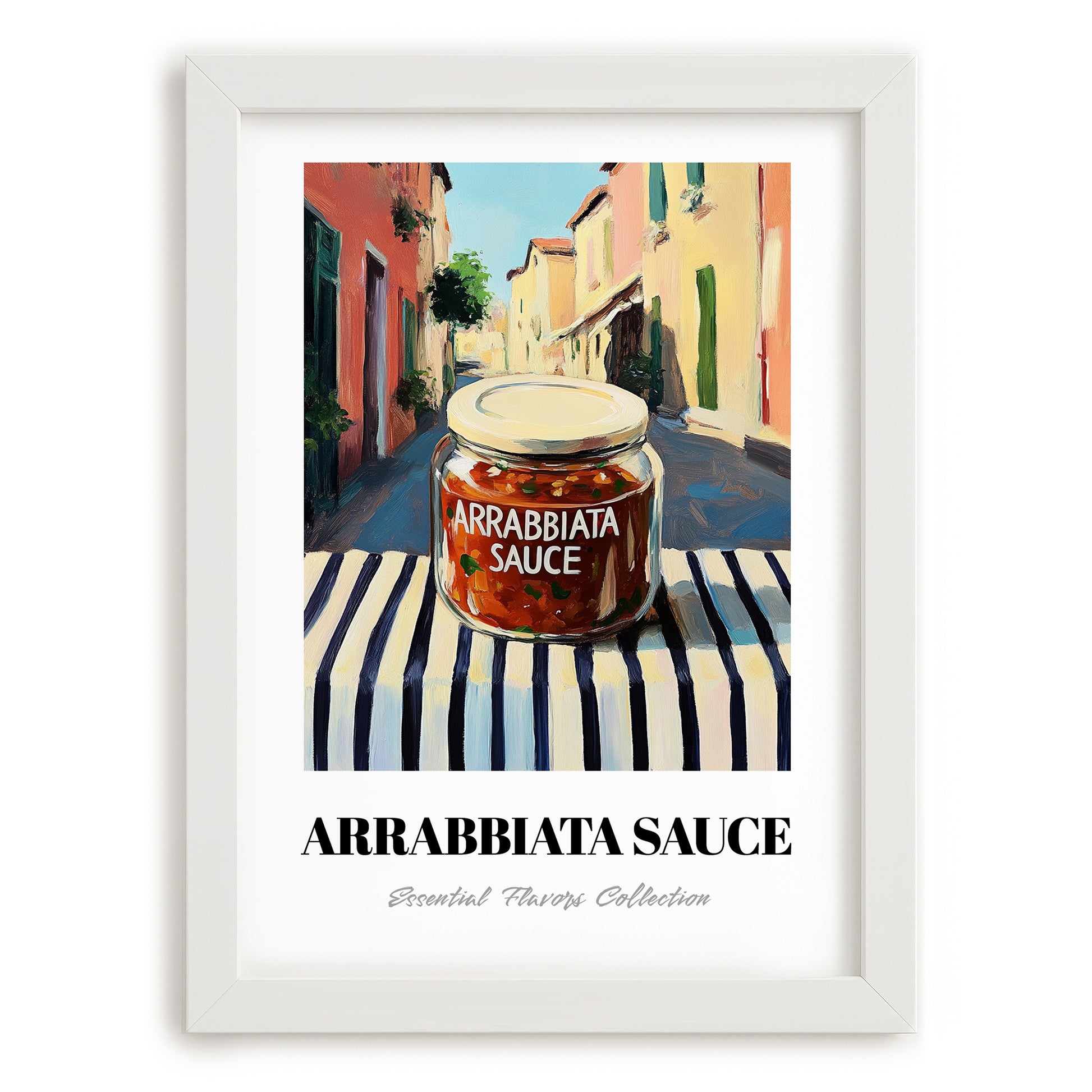 Arrabbiata Sauce – Italian Street Café Scene, Larder Illustration, placed in minimal white frame