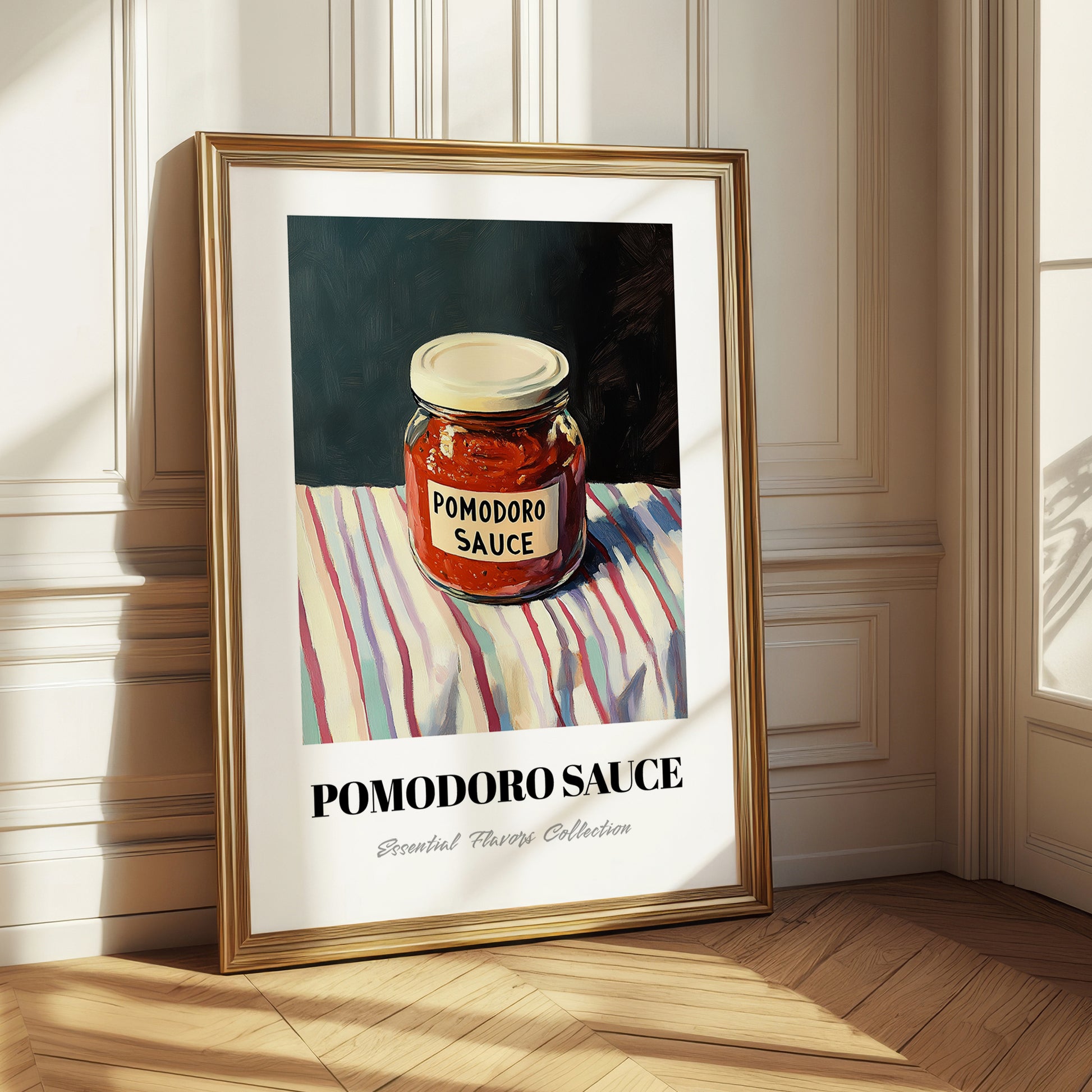 Pomodoro Sauce – on Striped Tablecloth, Grocery Wall Decor