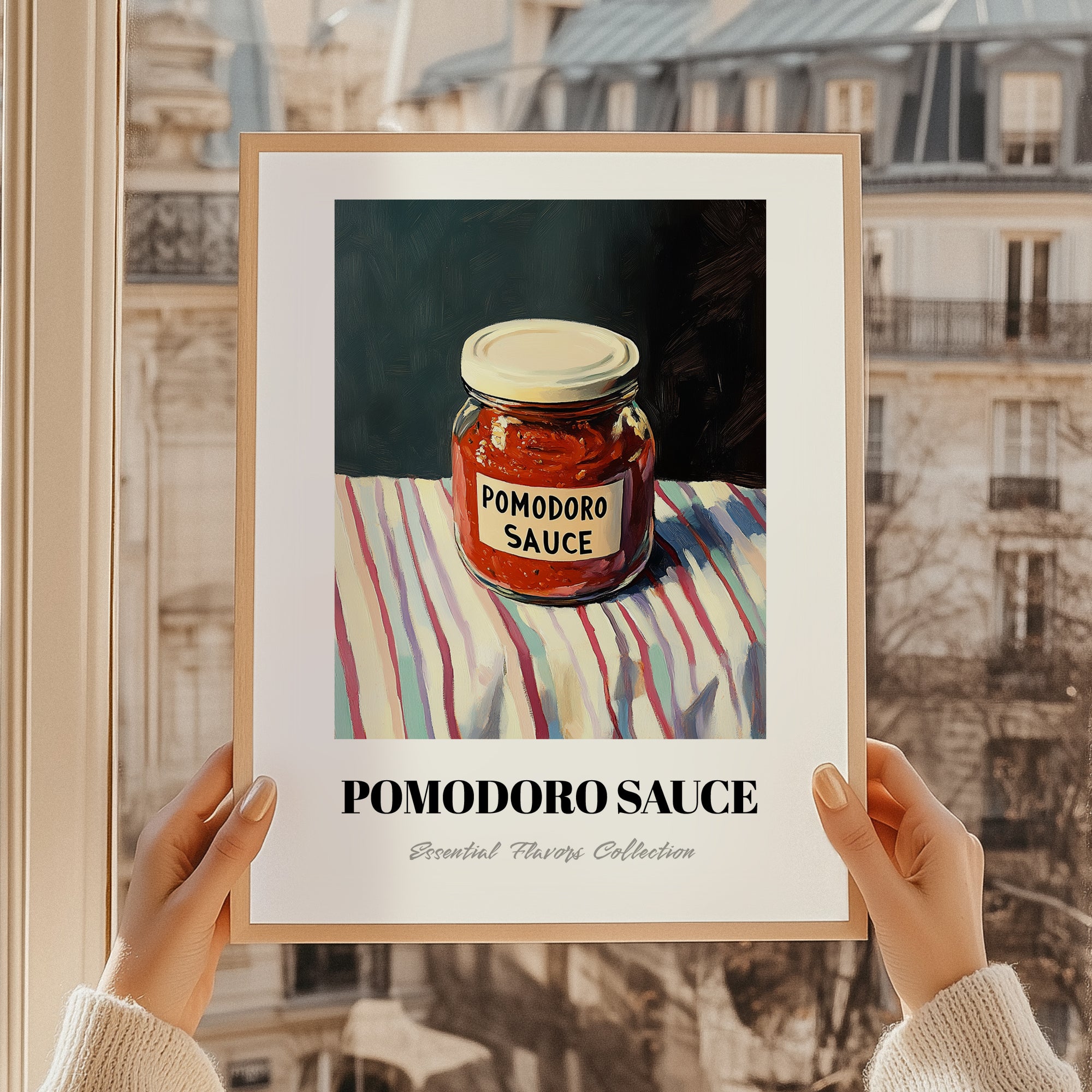 Pomodoro Sauce – on Striped Tablecloth, Grocery Wall Decor, styled in a charming Paris street view