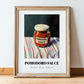 Pomodoro Sauce – on Striped Tablecloth, Grocery Wall Decor, in wooden frame leaning on the floor