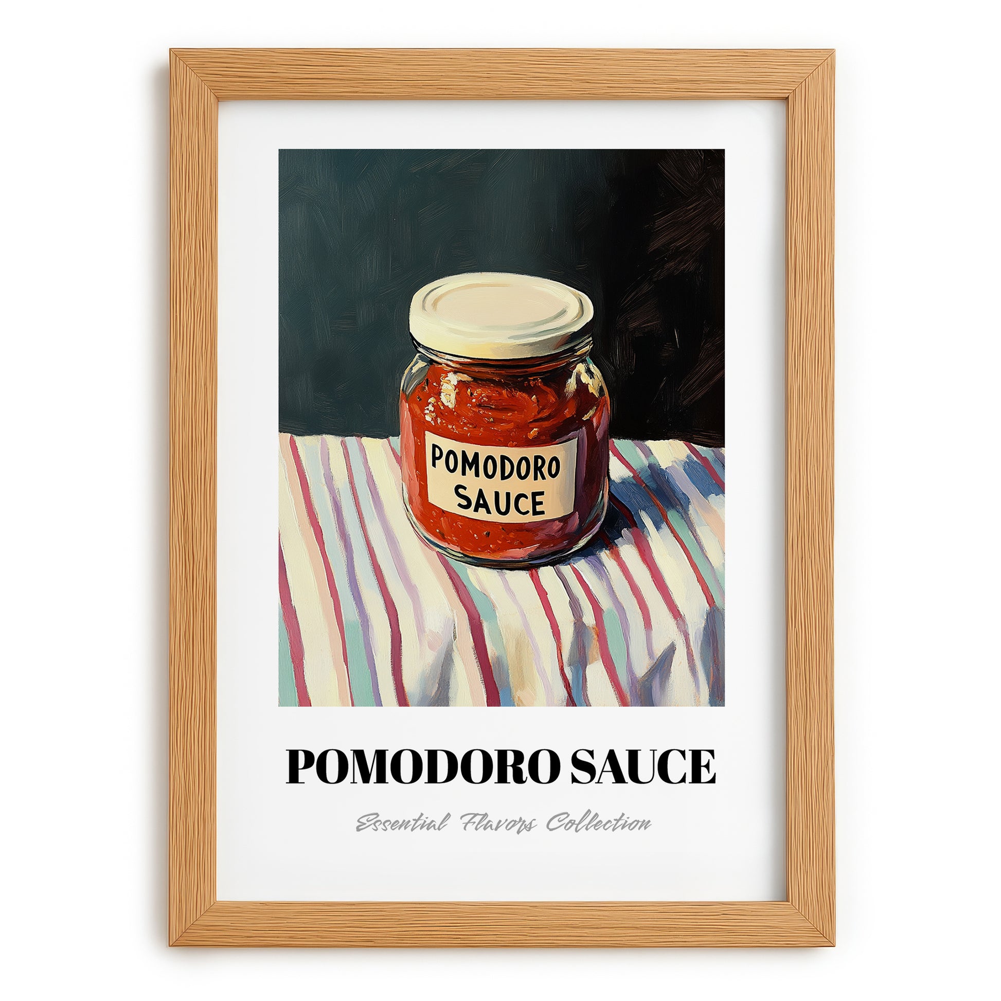 Pomodoro Sauce – on Striped Tablecloth, Grocery Wall Decor, set in oak frame