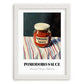 Pomodoro Sauce – on Striped Tablecloth, Grocery Wall Decor, placed in minimal white frame