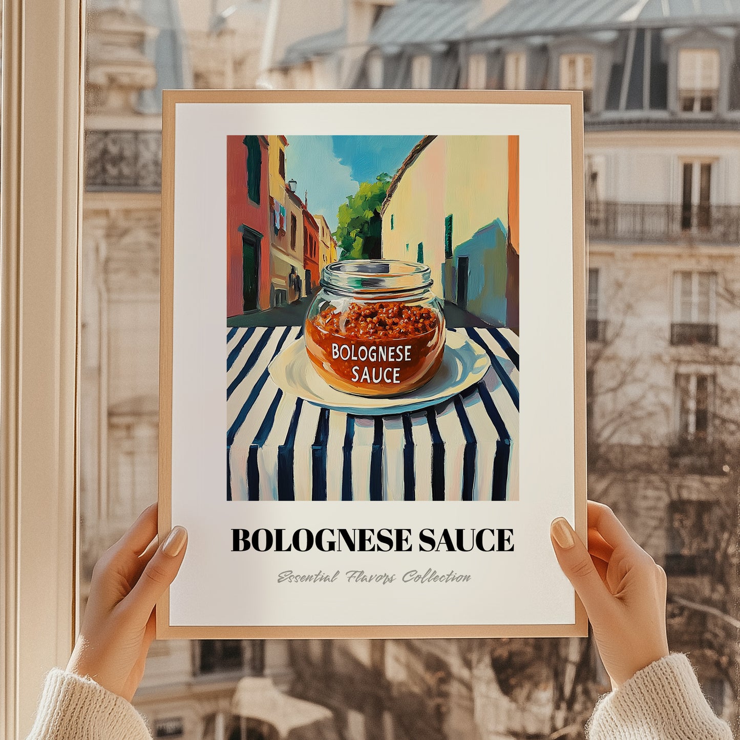 Bolognese Sauce – Italian Street Café Scene, Pantry Print, styled in a charming Paris street view