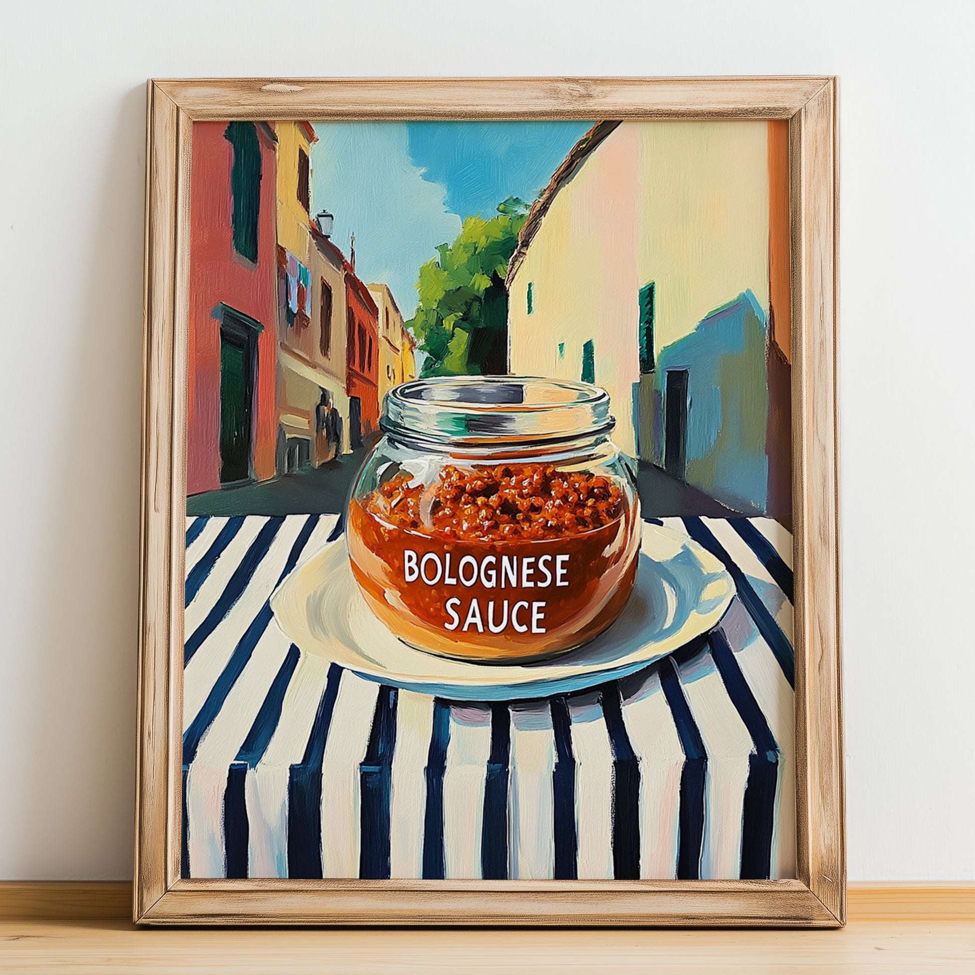Bolognese Sauce – Italian Street Café Scene, Pantry Print, no-text version framed in wood