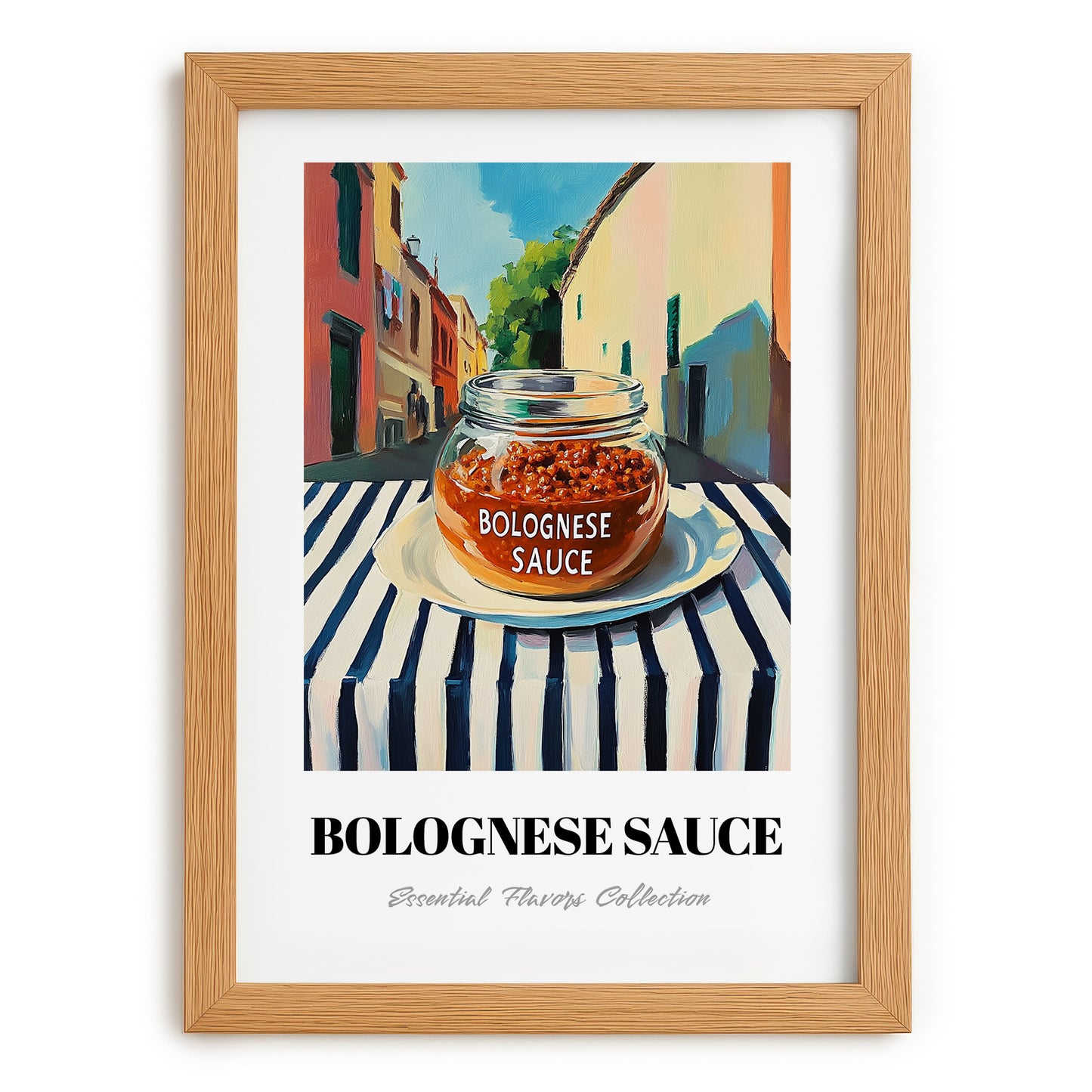 Bolognese Sauce – Italian Street Café Scene, Pantry Print, set in oak frame