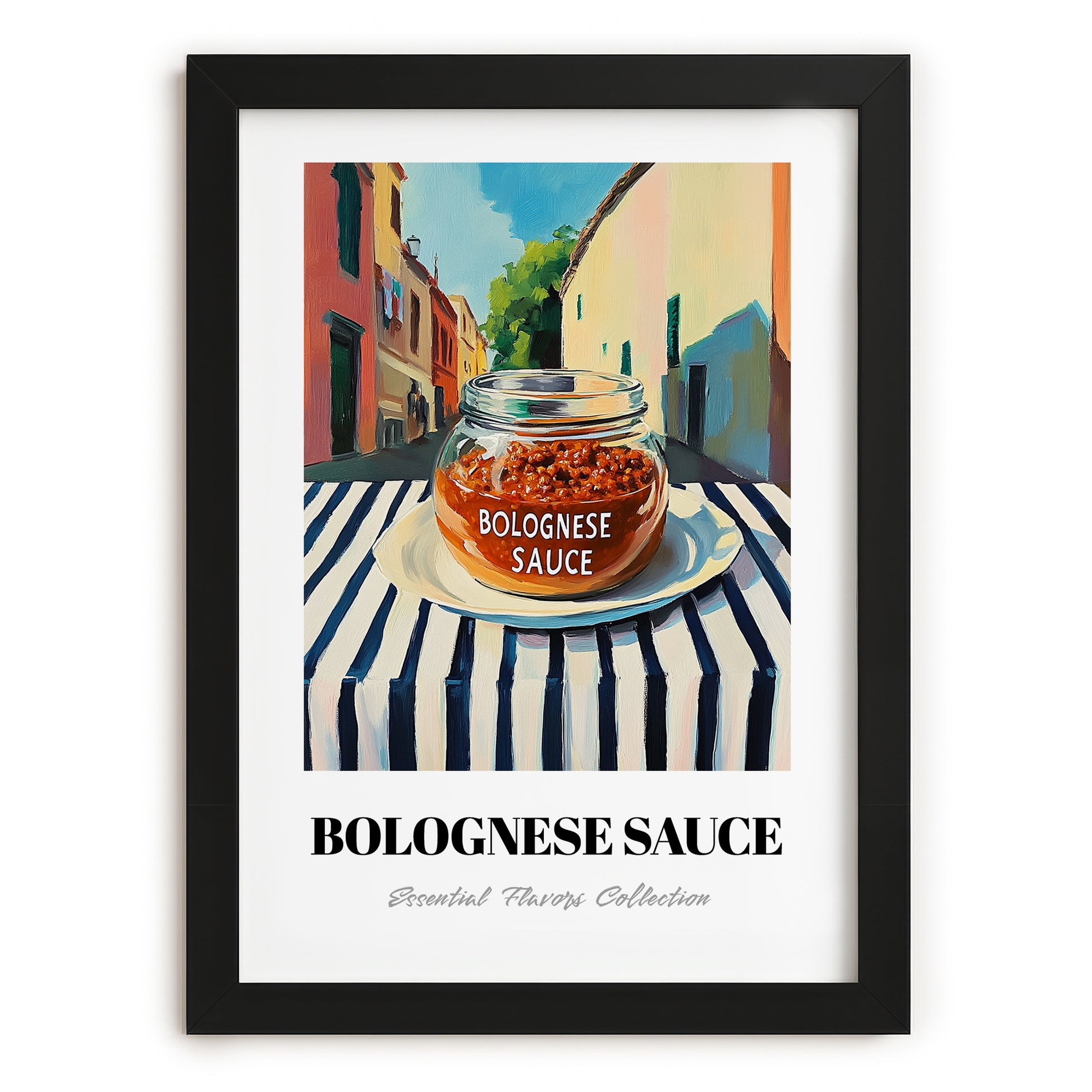 Bolognese Sauce – Italian Street Café Scene, Pantry Print, in sleek black frame