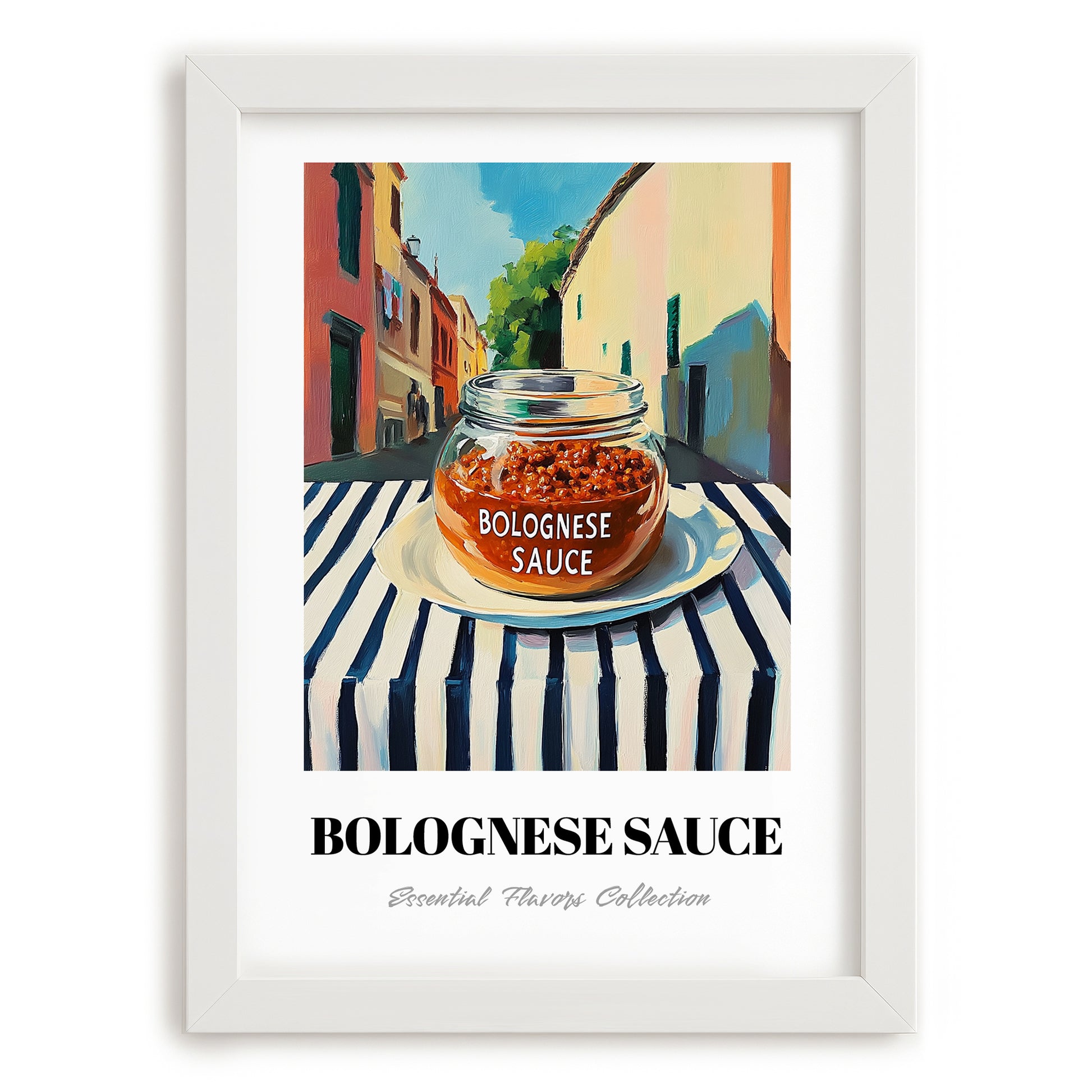 Bolognese Sauce – Italian Street Café Scene, Pantry Print, placed in minimal white frame