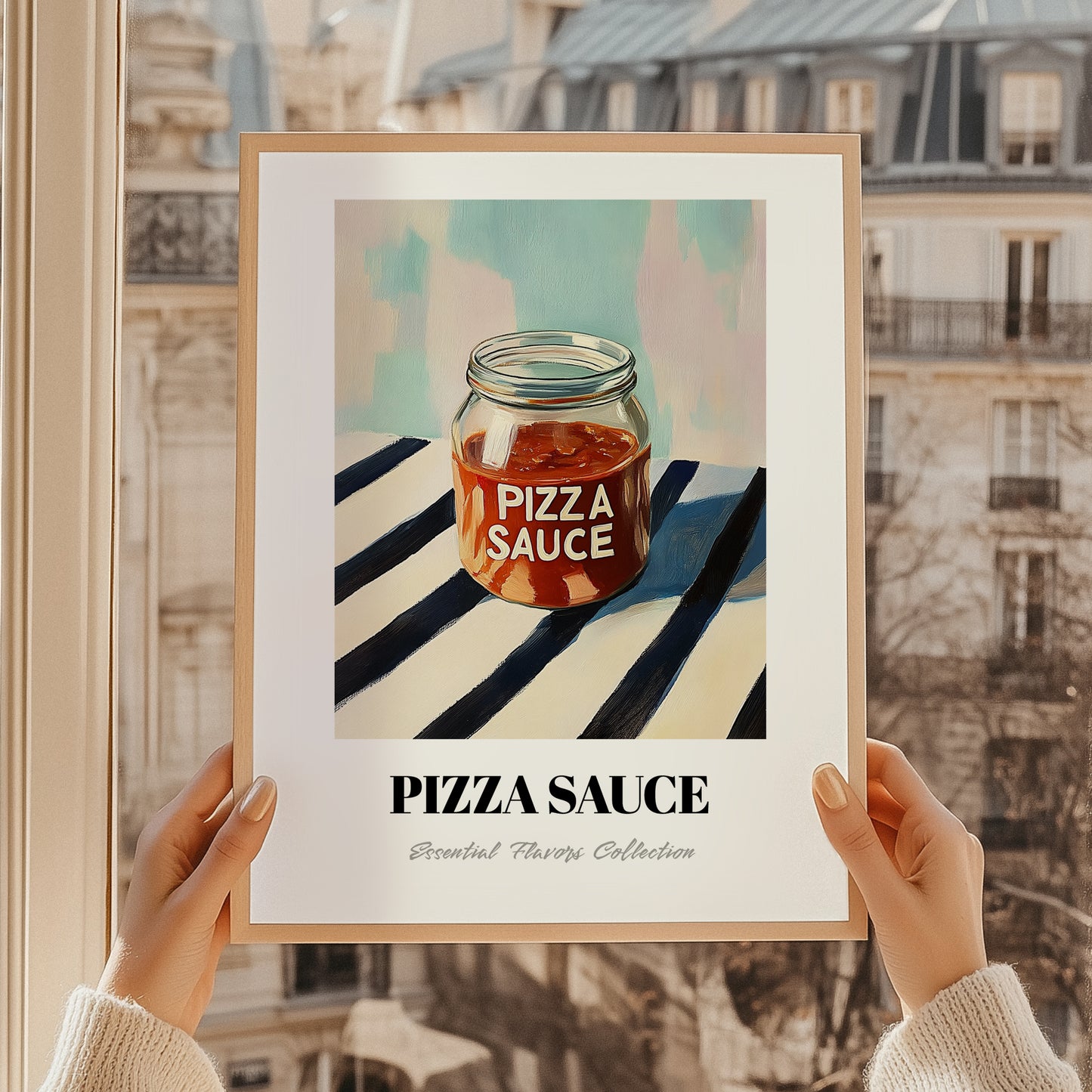 Pizza Sauce – on Striped Tablecloth, Food Stash Wall Decor, styled in a charming Paris street view