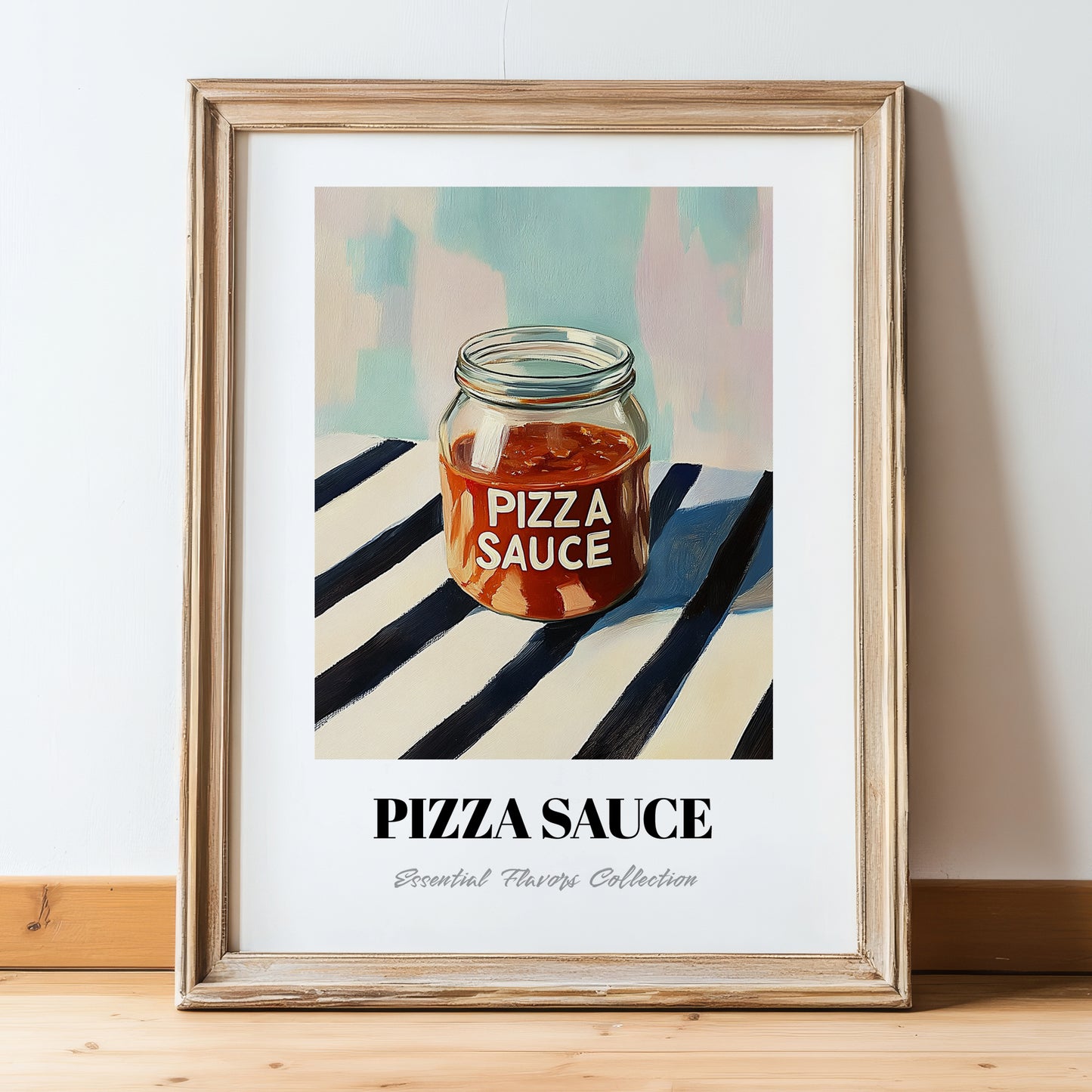 Pizza Sauce – on Striped Tablecloth, Food Stash Wall Decor, in wooden frame leaning on the floor