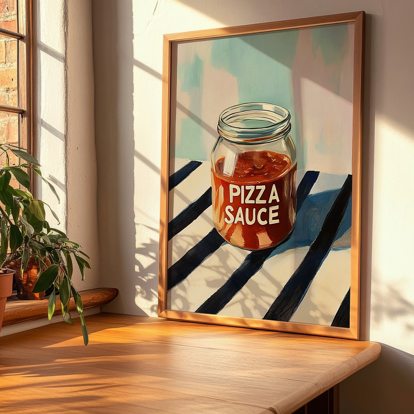 Pizza Sauce – on Striped Tablecloth, Food Stash Wall Decor, clean layout with no caption