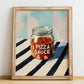 Pizza Sauce – on Striped Tablecloth, Food Stash Wall Decor, no-text version framed in wood