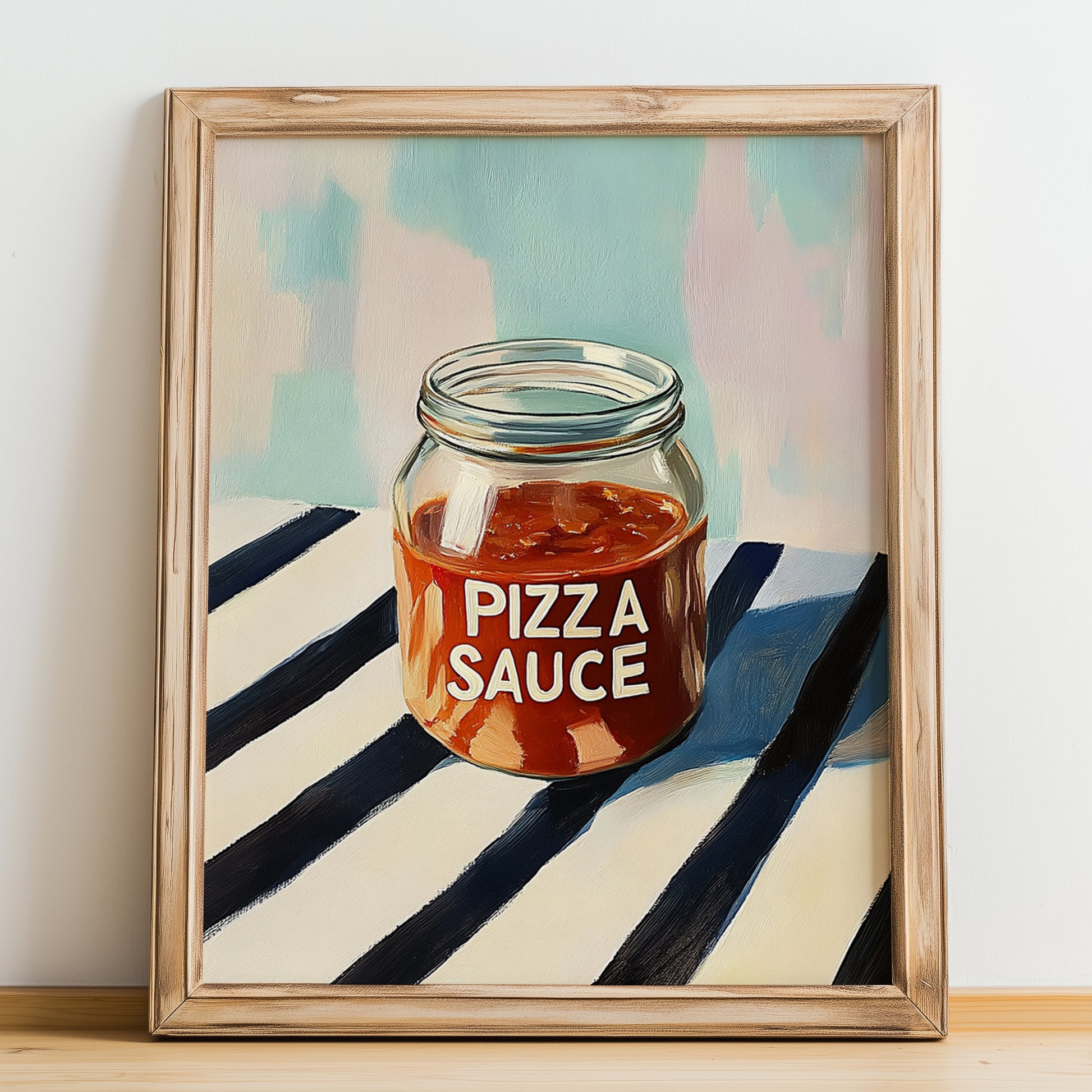 Pizza Sauce – on Striped Tablecloth, Food Stash Wall Decor, no-text version framed in wood