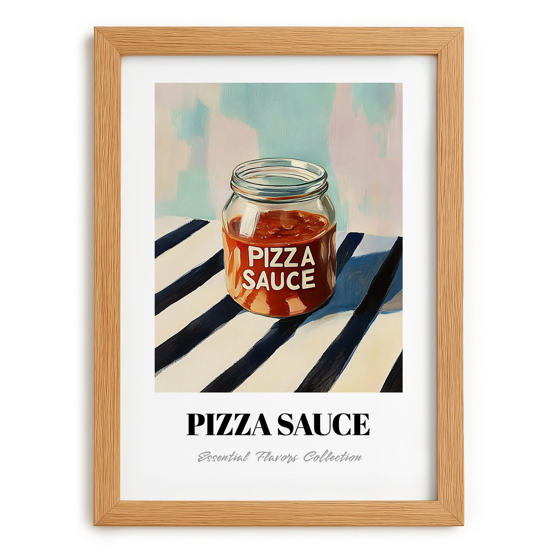 Pizza Sauce – on Striped Tablecloth, Food Stash Wall Decor, set in oak frame