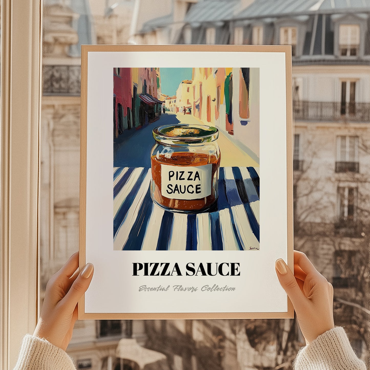 Pizza Sauce – Italian Café on the Corner, Food Stash Poster, styled in a charming Paris street view