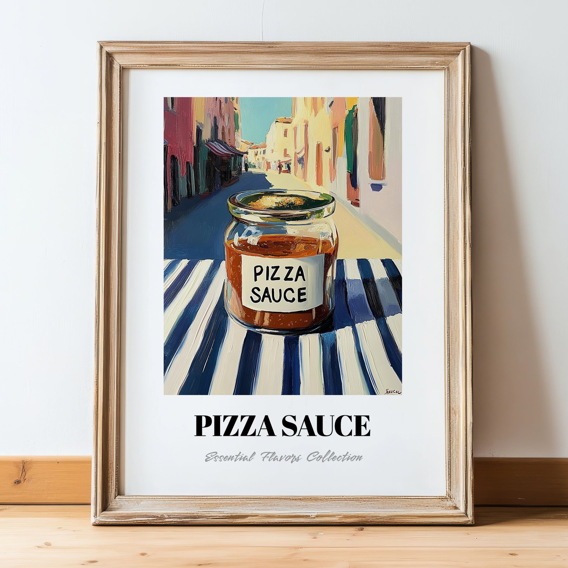 Pizza Sauce – Italian Café on the Corner, Food Stash Poster, in wooden frame leaning on the floor