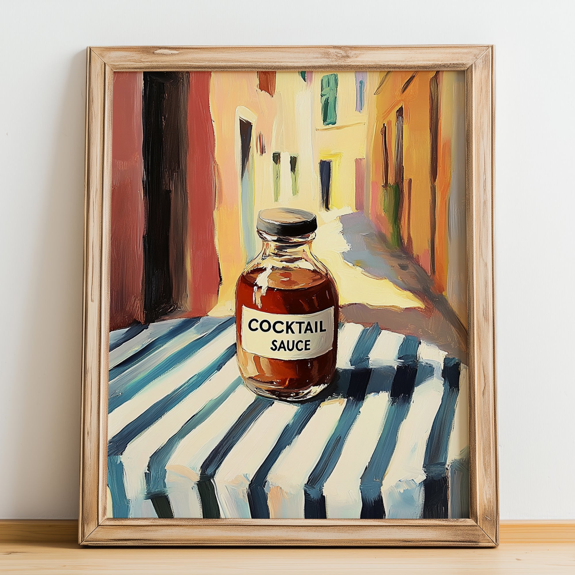 Cocktail Sauce – Italian Café on the Corner, Pantry Illustration, no-text version framed in wood