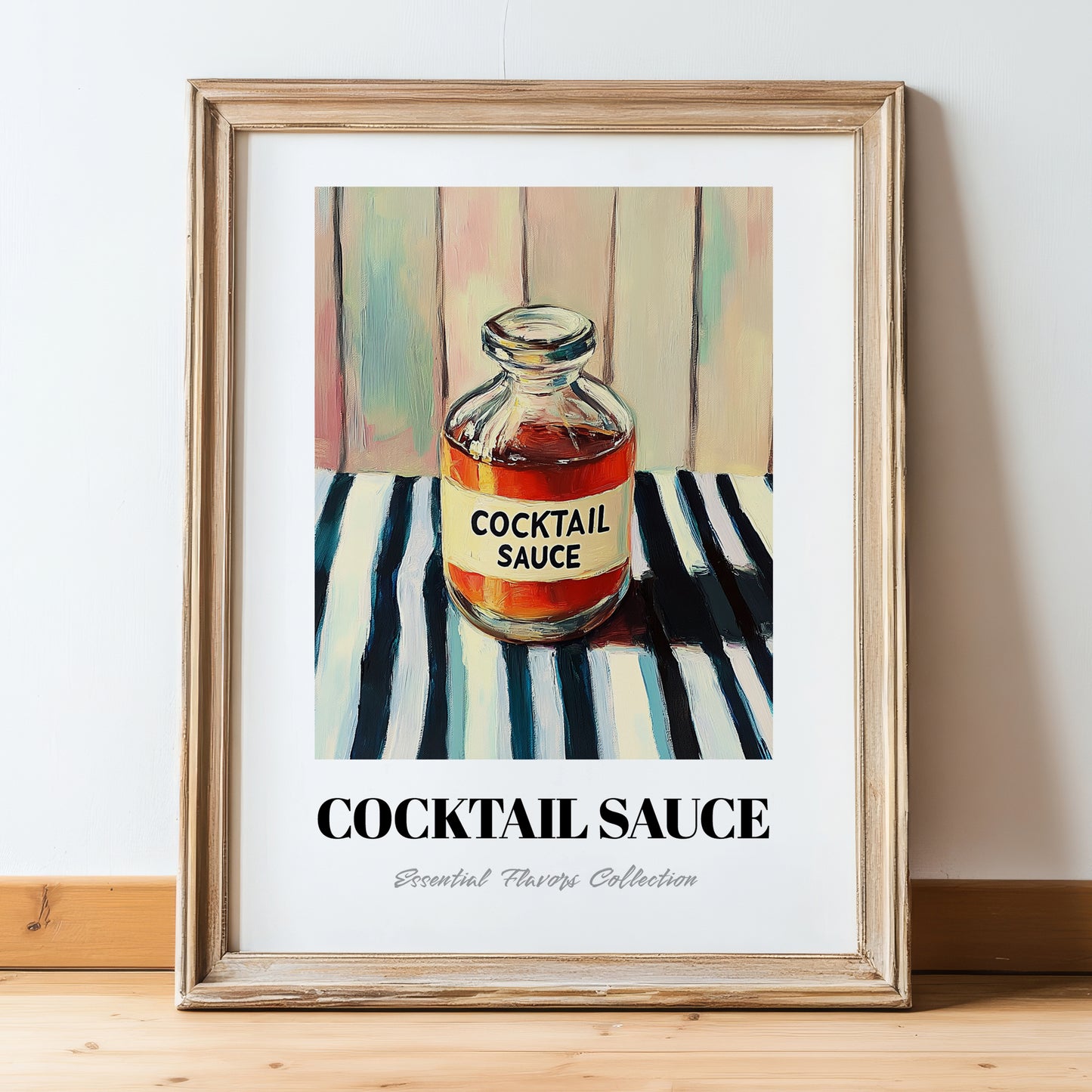 Cocktail Sauce – on Striped Tablecloth, Ingredients Corner Poster, in wooden frame leaning on the floor