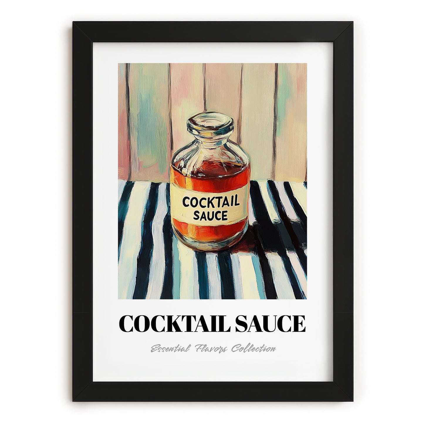 Cocktail Sauce – on Striped Tablecloth, Ingredients Corner Poster, in sleek black frame
