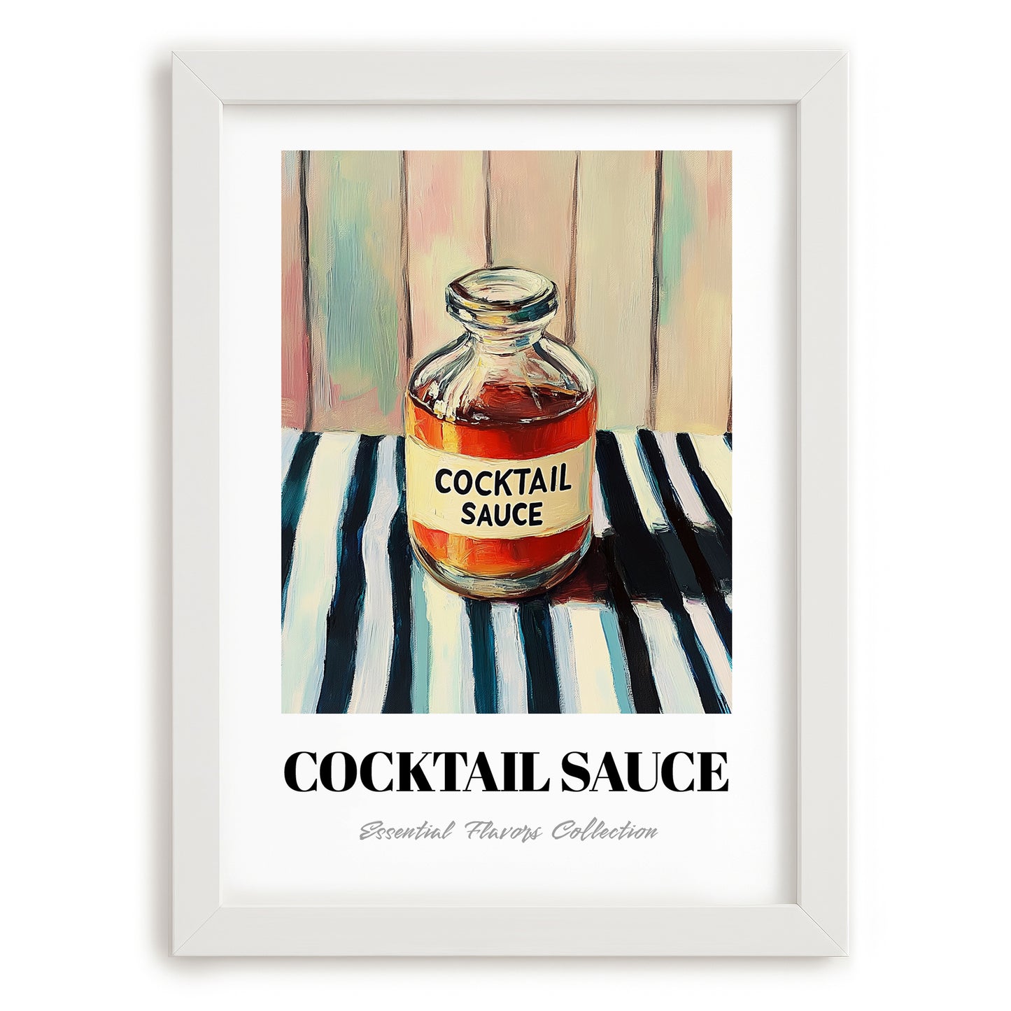Cocktail Sauce – on Striped Tablecloth, Ingredients Corner Poster, placed in minimal white frame