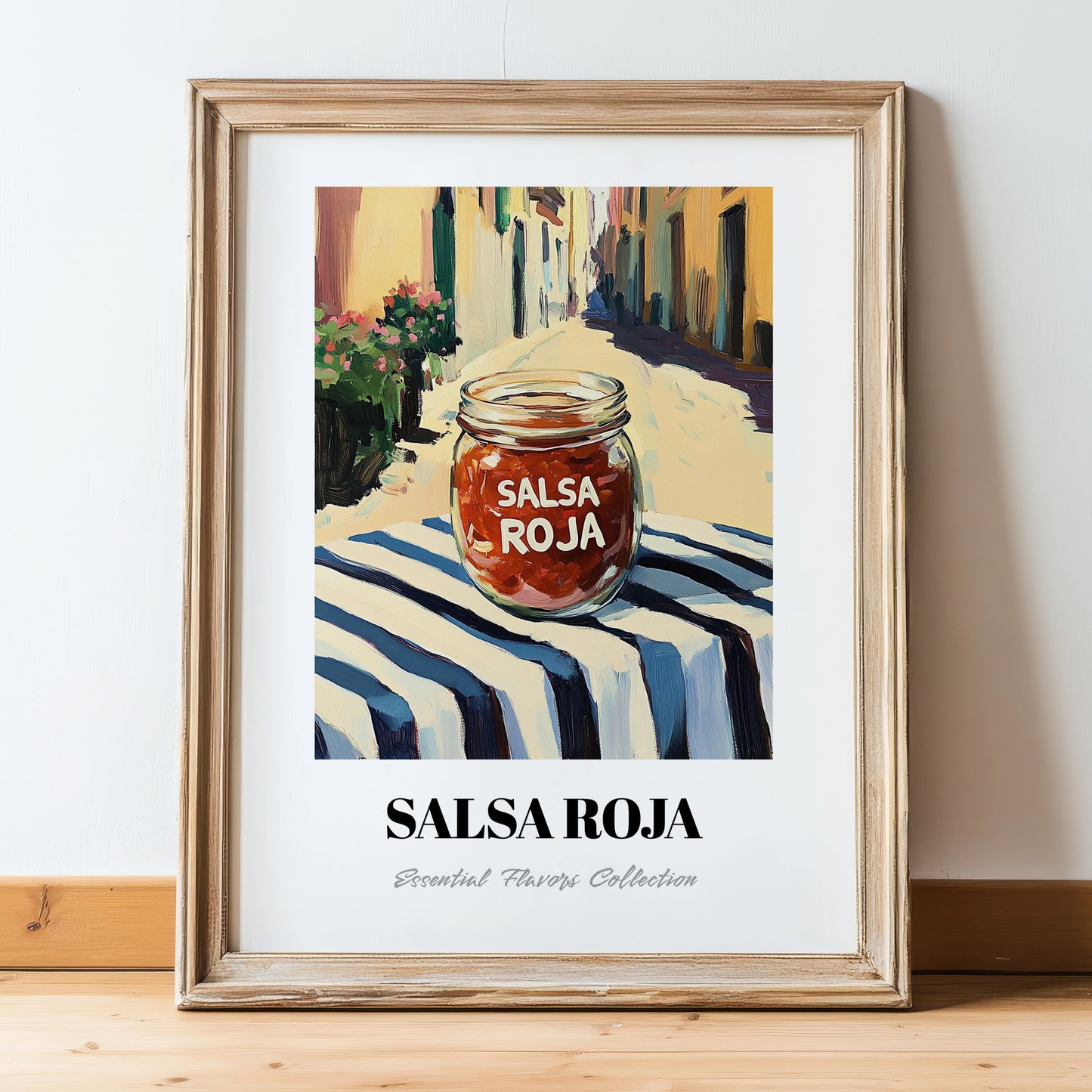 Salsa Roja – Italian Street Café Scene, Pantry Illustration, in wooden frame leaning on the floor