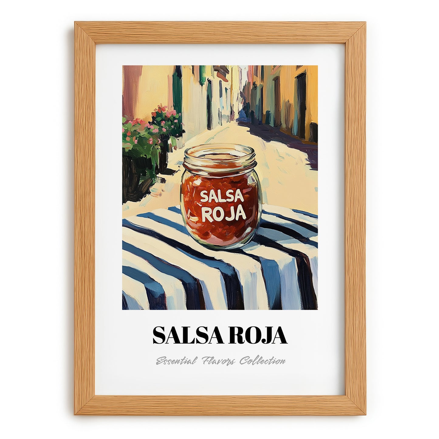 Salsa Roja – Italian Street Café Scene, Pantry Illustration, set in oak frame