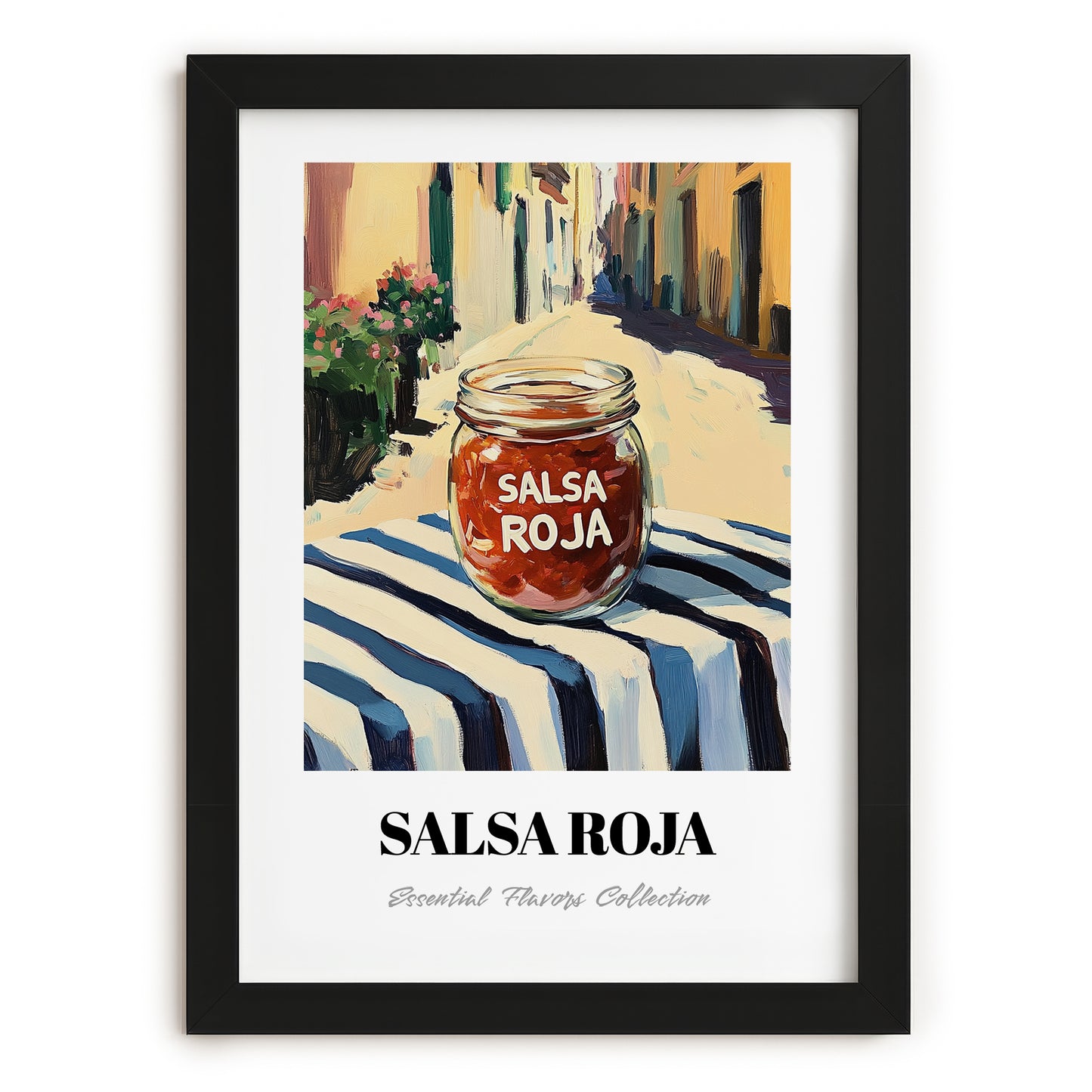 Salsa Roja – Italian Street Café Scene, Pantry Illustration, in sleek black frame