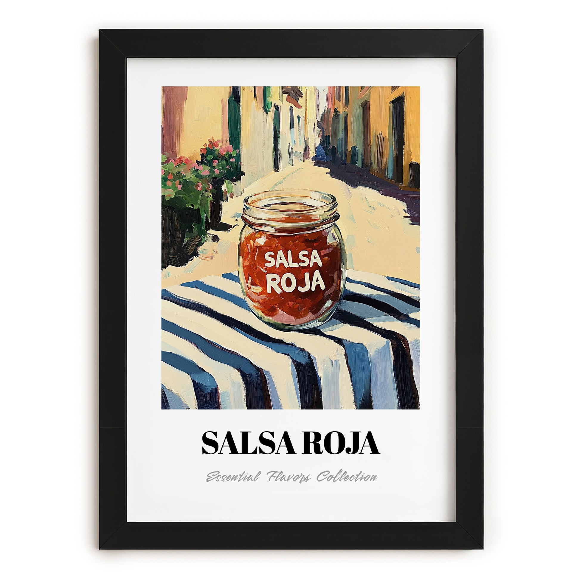 Salsa Roja – Italian Street Café Scene, Pantry Illustration, in sleek black frame