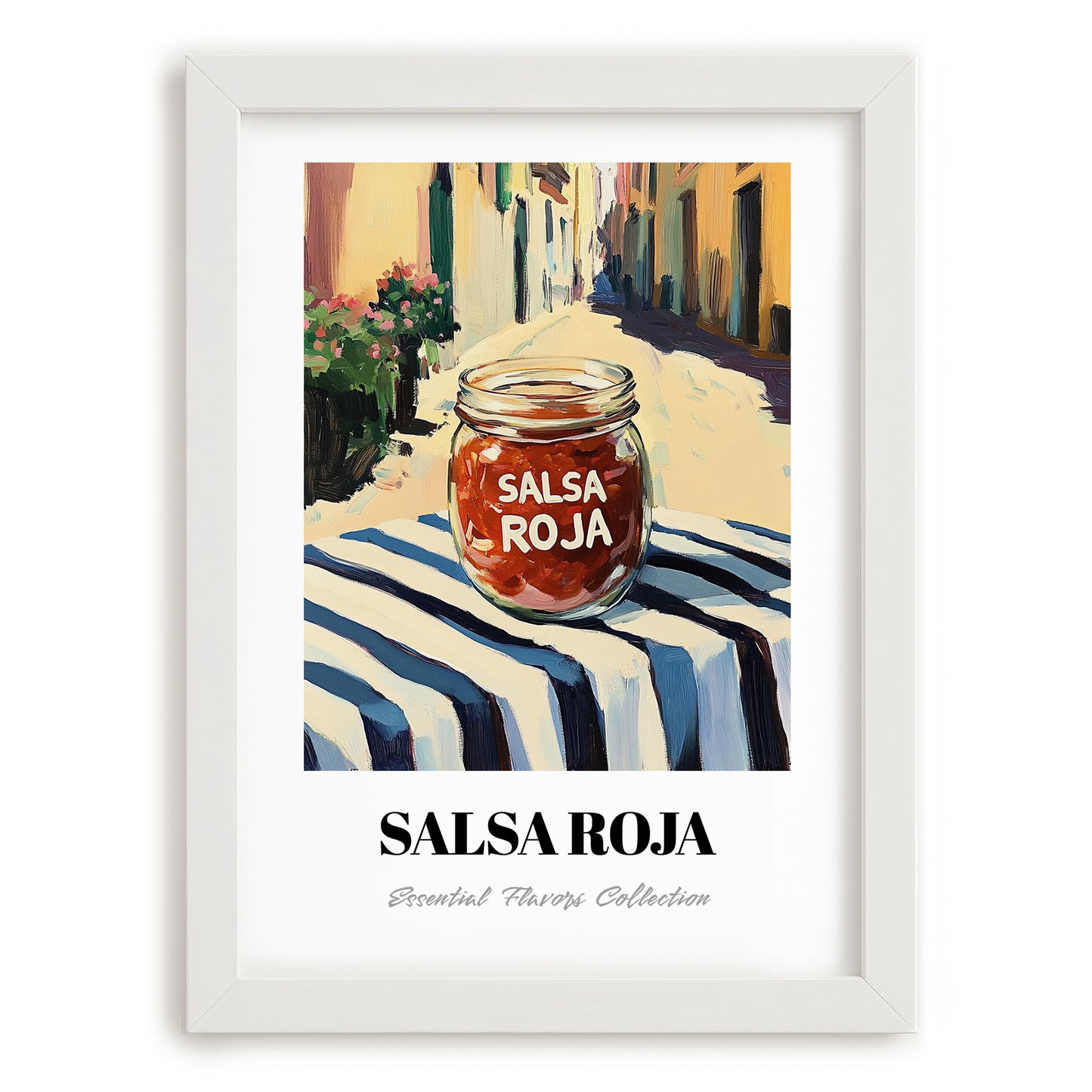 Salsa Roja – Italian Street Café Scene, Pantry Illustration, placed in minimal white frame