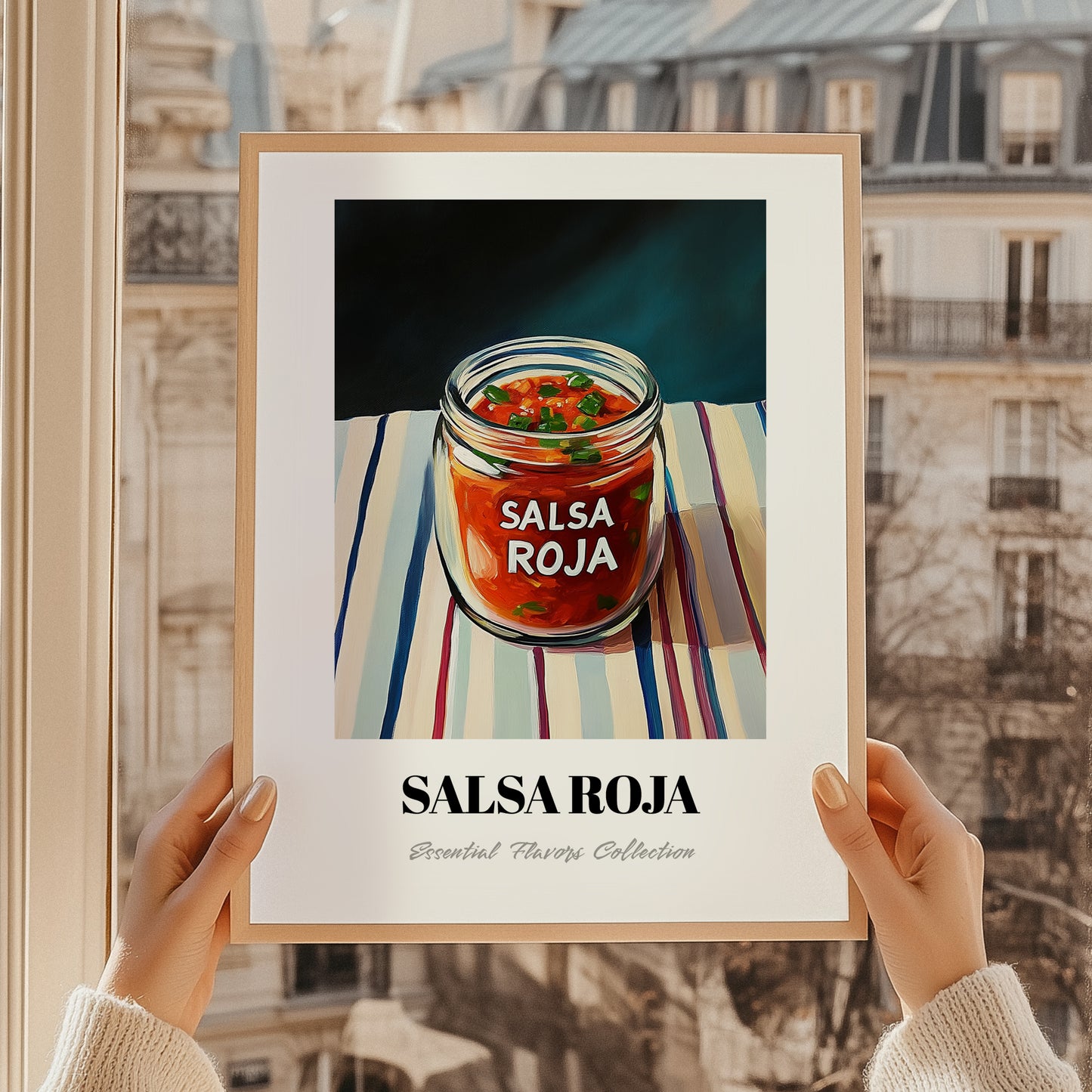 Salsa Roja – on Striped Tablecloth, Food Shelf Poster, styled in a charming Paris street view