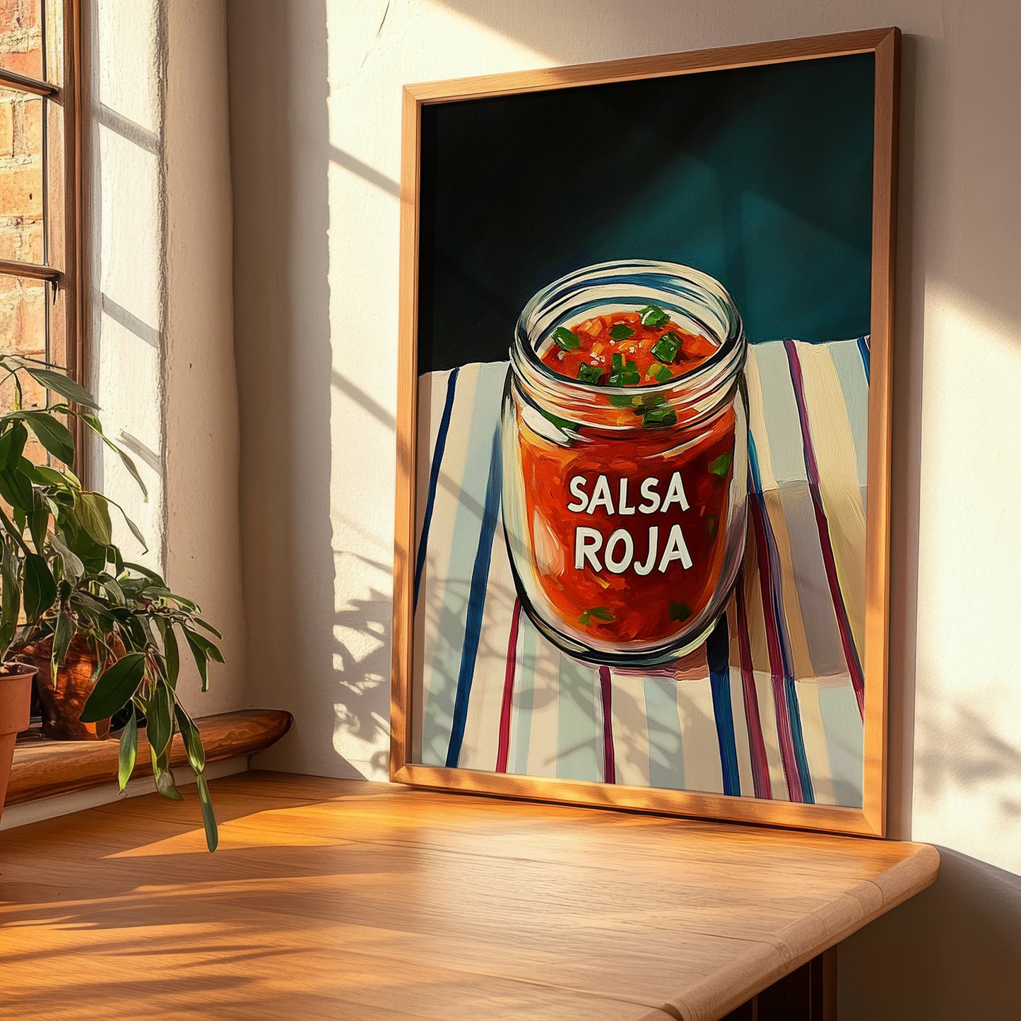 Salsa Roja – on Striped Tablecloth, Food Shelf Poster, clean layout with no caption