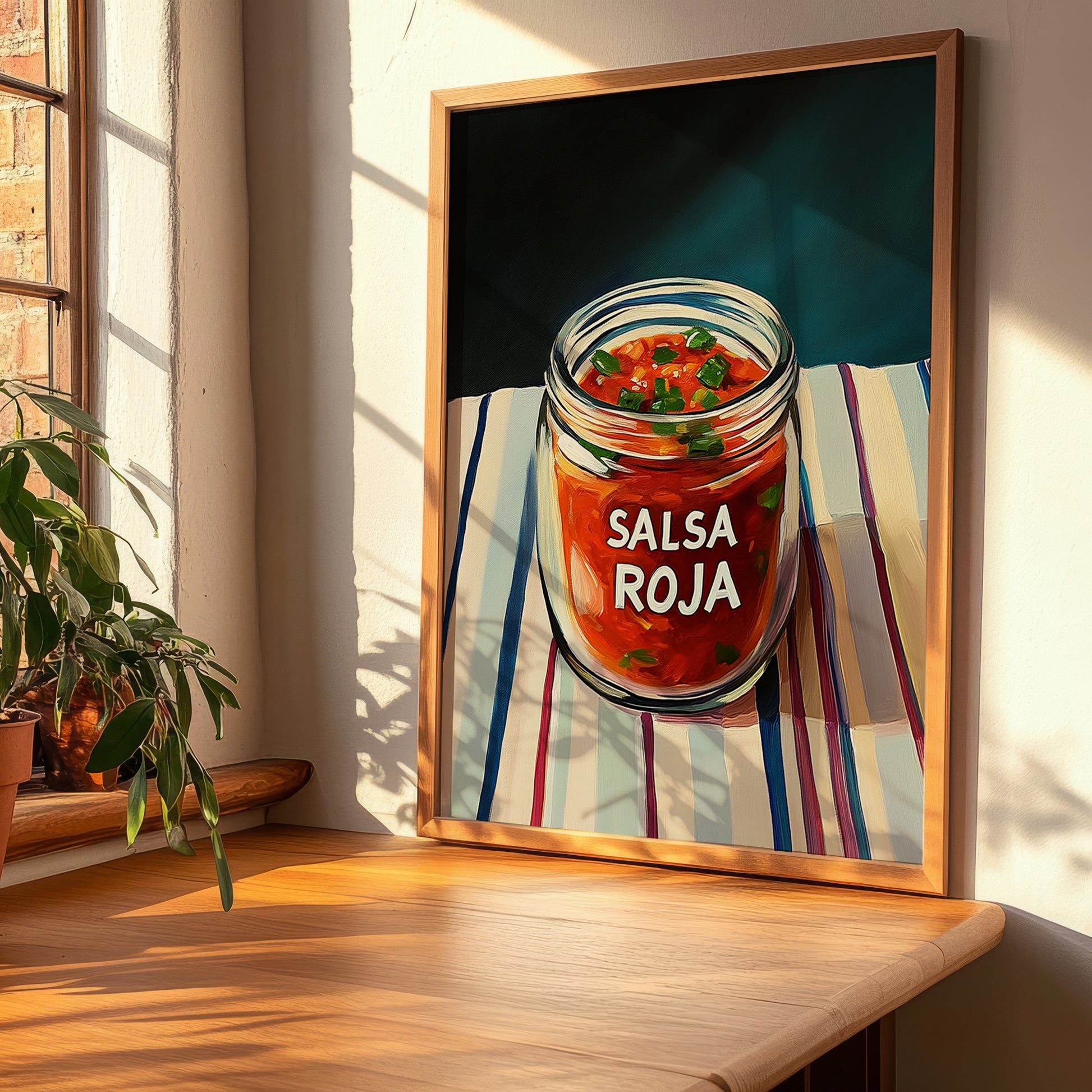 Salsa Roja – on Striped Tablecloth, Food Shelf Poster, clean layout with no caption