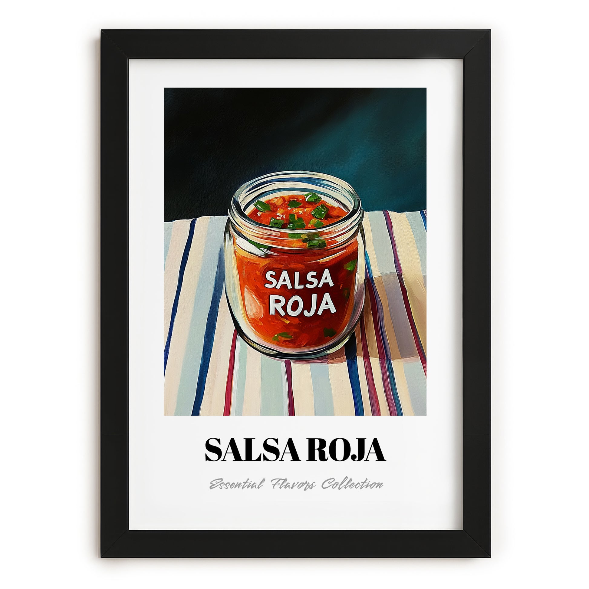 Salsa Roja – on Striped Tablecloth, Food Shelf Poster, in sleek black frame