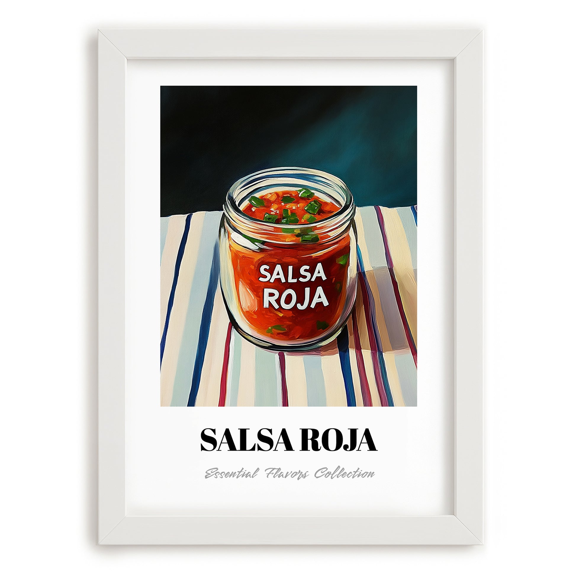 Salsa Roja – on Striped Tablecloth, Food Shelf Poster, placed in minimal white frame