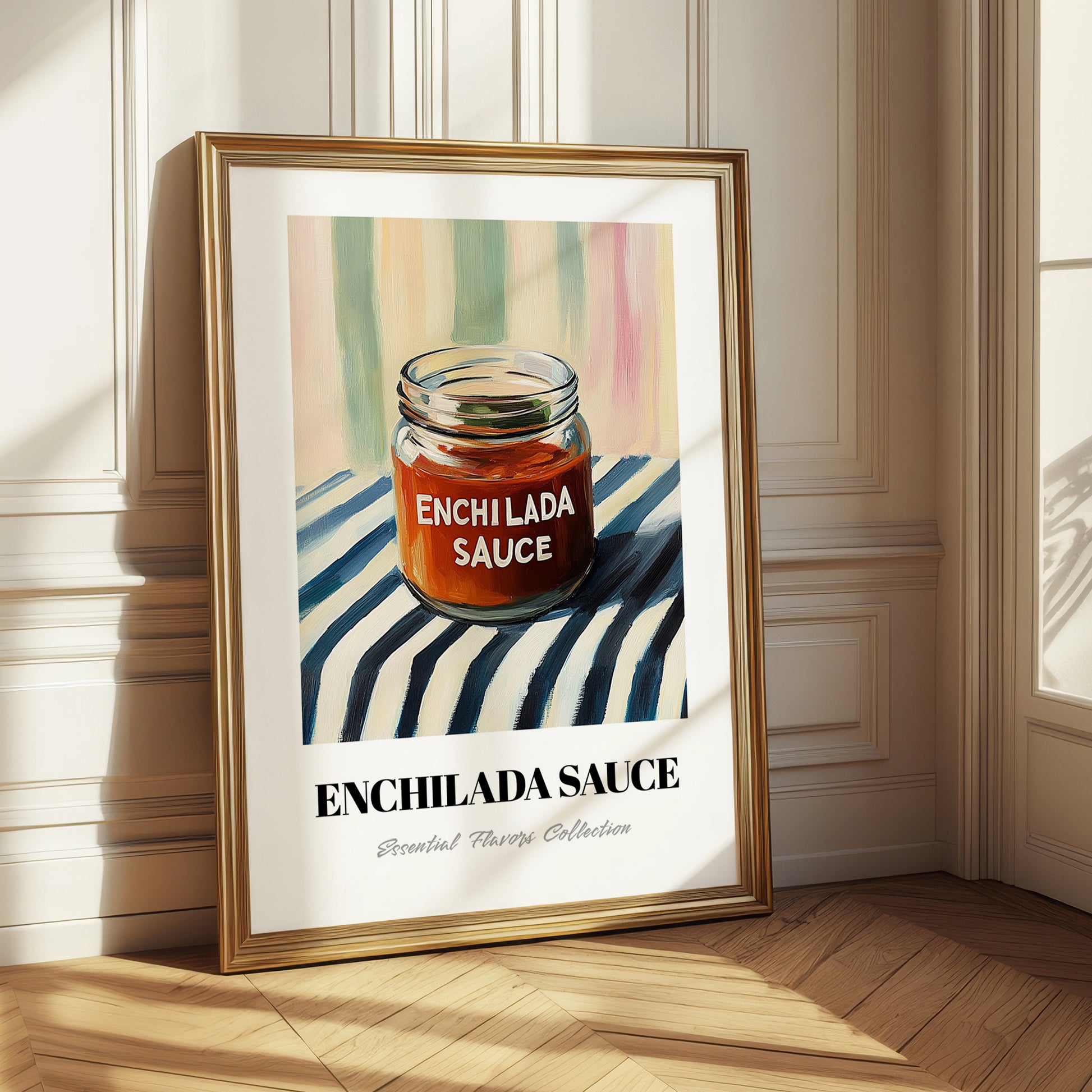 Enchilada Sauce – on Striped Tablecloth, Grocery Still Life