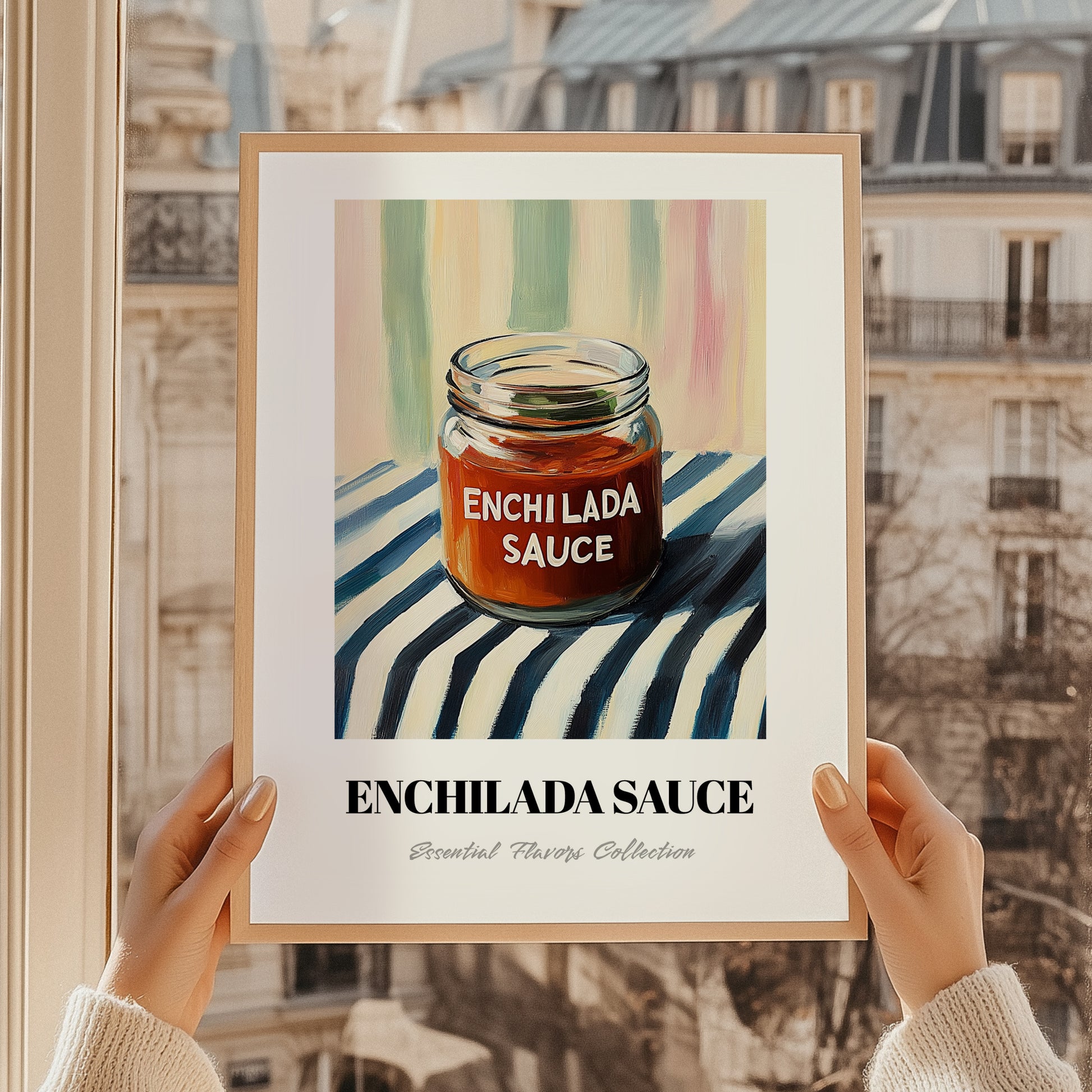 Enchilada Sauce – on Striped Tablecloth, Grocery Still Life, styled in a charming Paris street view