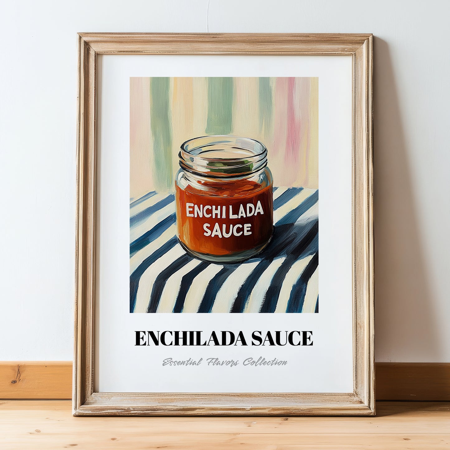 Enchilada Sauce – on Striped Tablecloth, Grocery Still Life, in wooden frame leaning on the floor