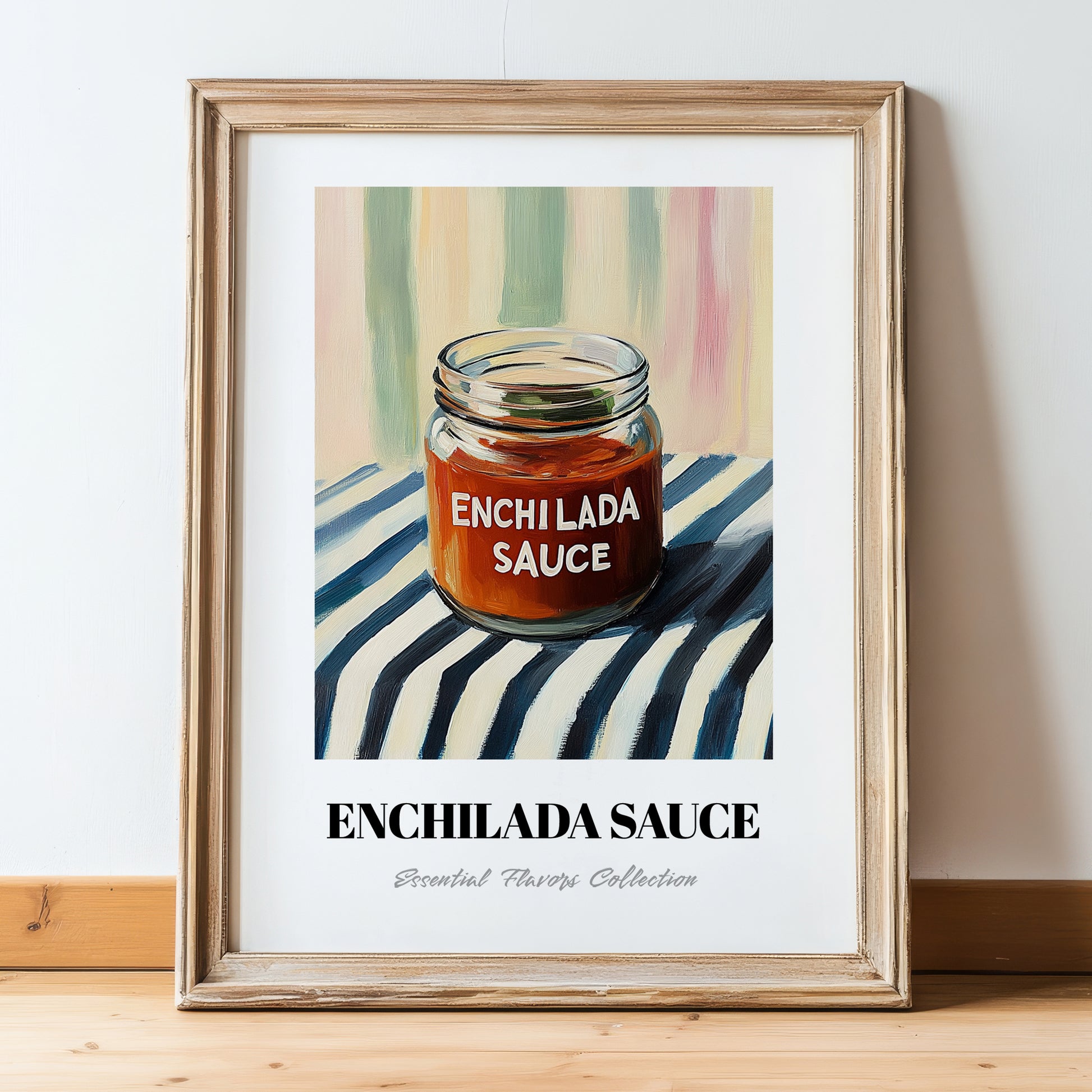 Enchilada Sauce – on Striped Tablecloth, Grocery Still Life, in wooden frame leaning on the floor