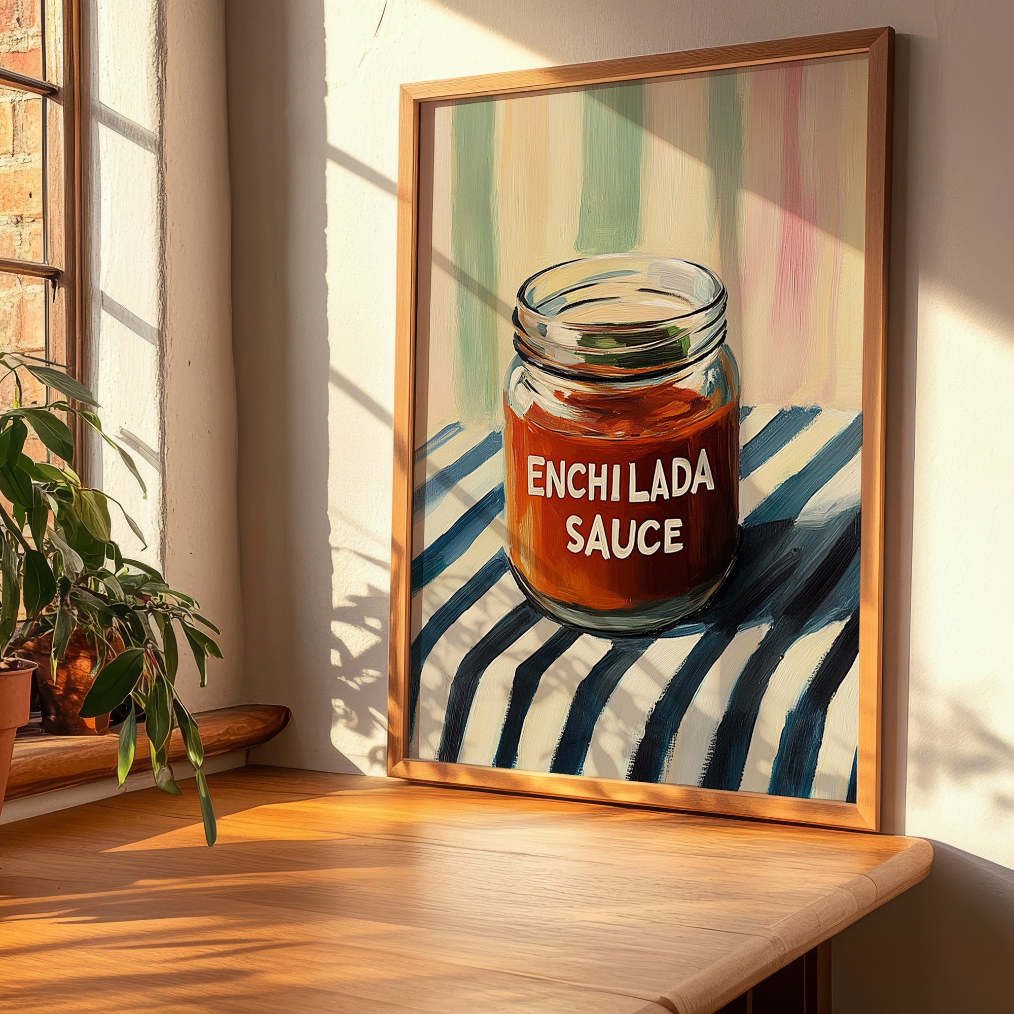 Enchilada Sauce – on Striped Tablecloth, Grocery Still Life, clean layout with no caption