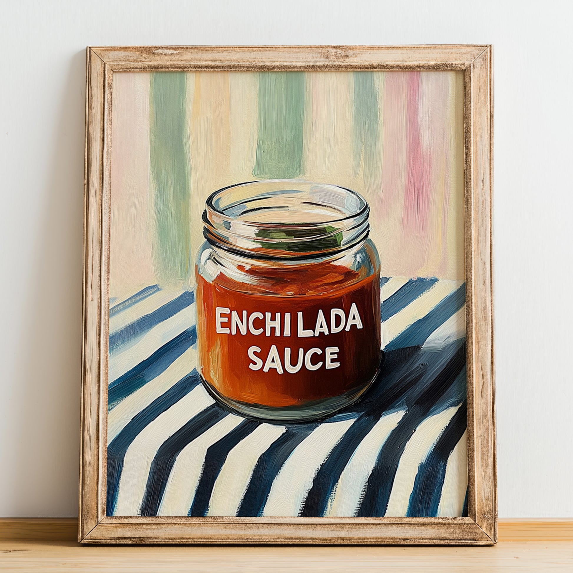Enchilada Sauce – on Striped Tablecloth, Grocery Still Life, no-text version framed in wood