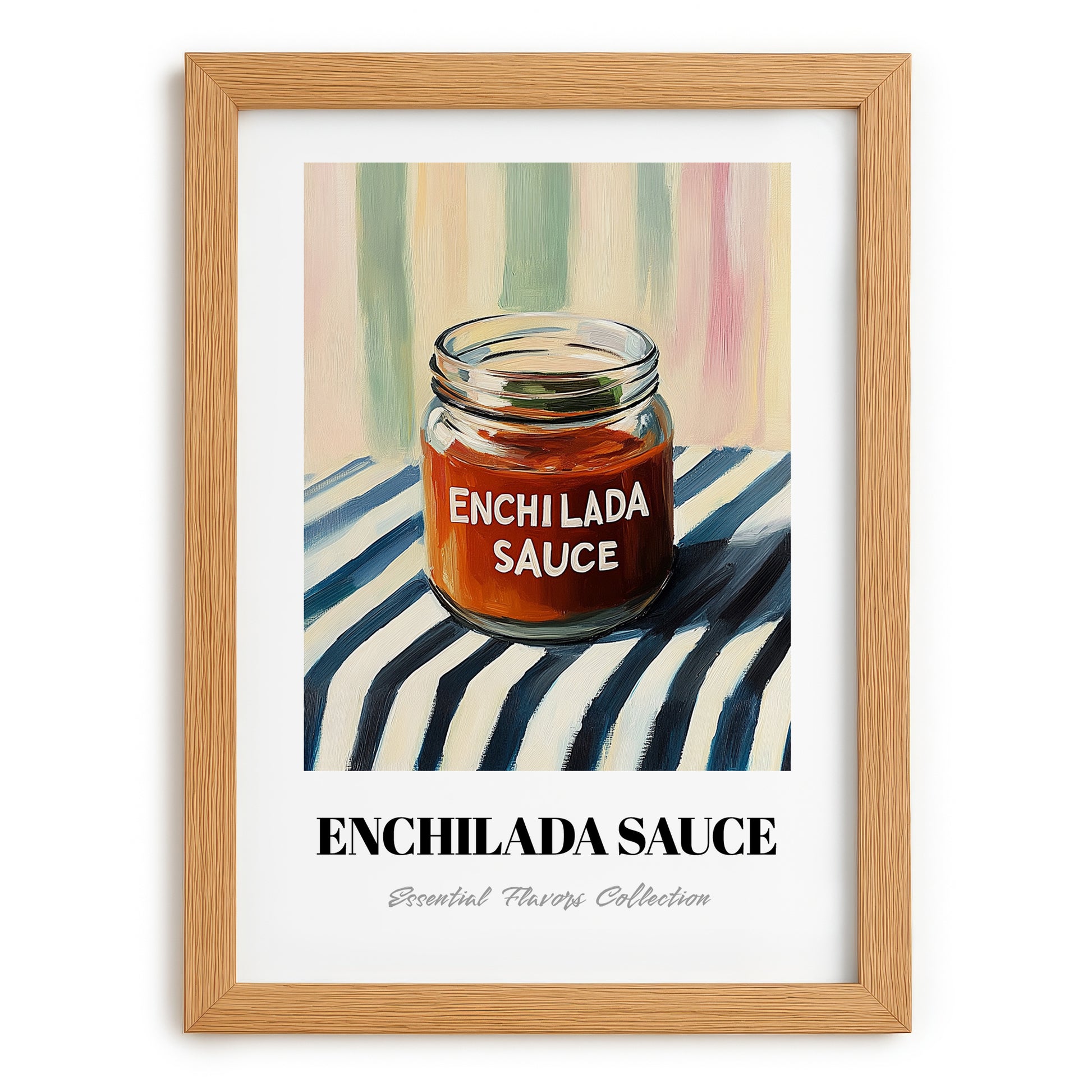 Enchilada Sauce – on Striped Tablecloth, Grocery Still Life, set in oak frame
